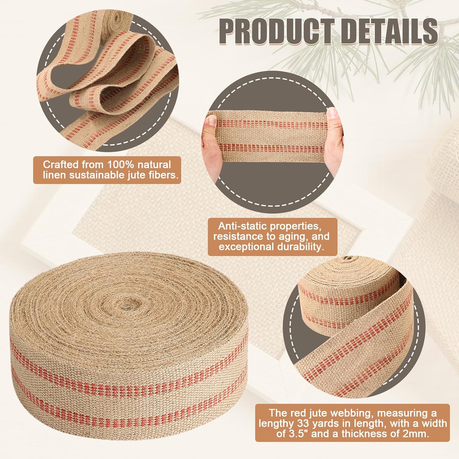 33 Yards Craft Jute Webbing Tape, Width 3.5" Roll Natural Burlap Red Line Jute Webbing Ribbon for Chair Repair, Crafting, Burlap Ribbon, Upholstery