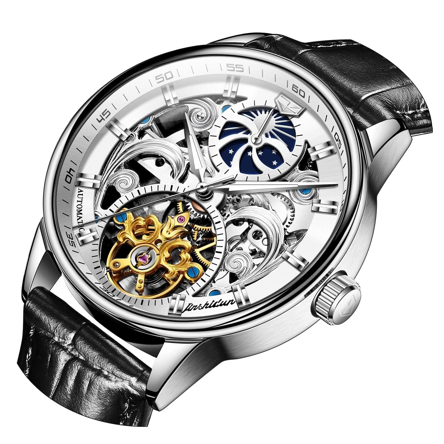 Men's Skeleton Watch Luxury Dress Black Leather Silver Gold Tourbillon Moon Phase Automat…