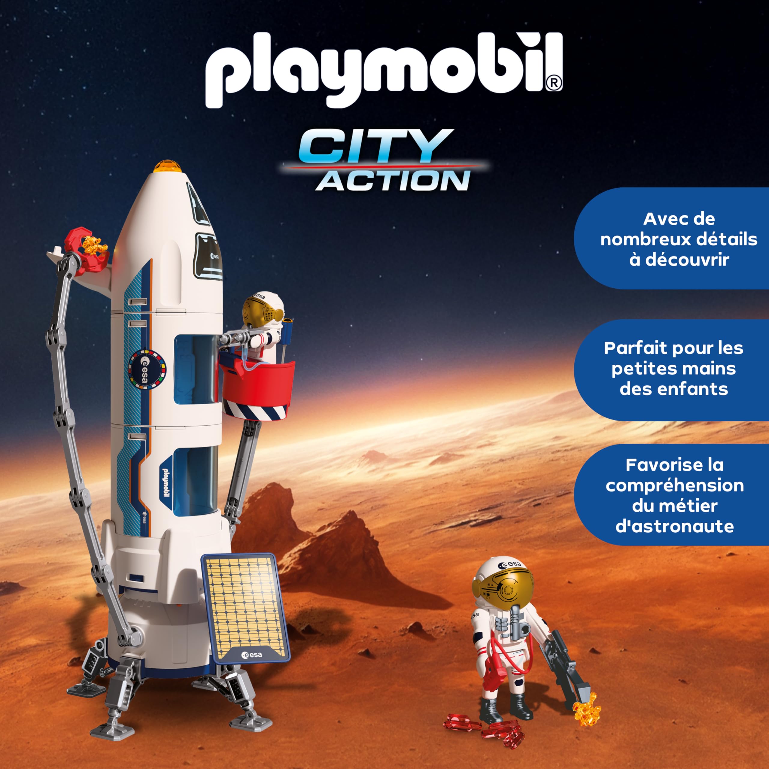 Playmobil Space Fusée de Recherche martienne de l'ESA, Fusée modulaire avec Rampe de Lancement et 2 astronautes, Jeu Spatial, 72011