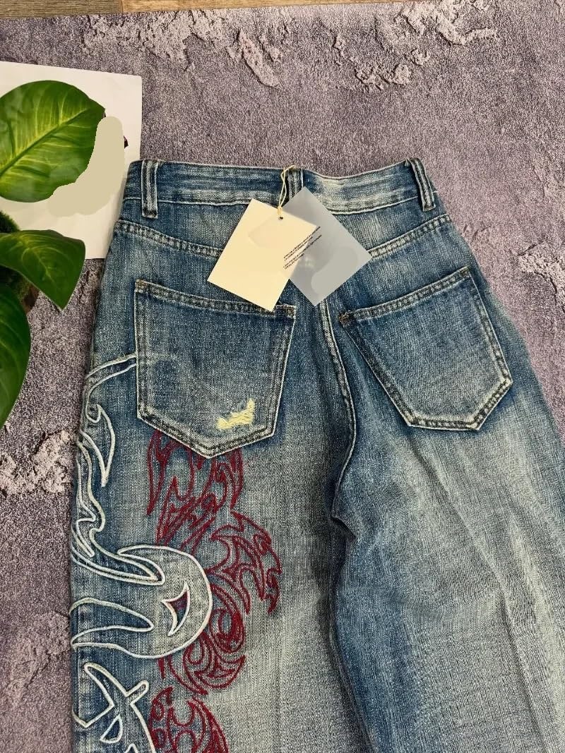 Baggy Jeans mit Muster und Stickerei for Damen Herren, Vintage-Stil, Hip-Hop-Look, lässige Paar-Jeans weitem Bein Für Männer