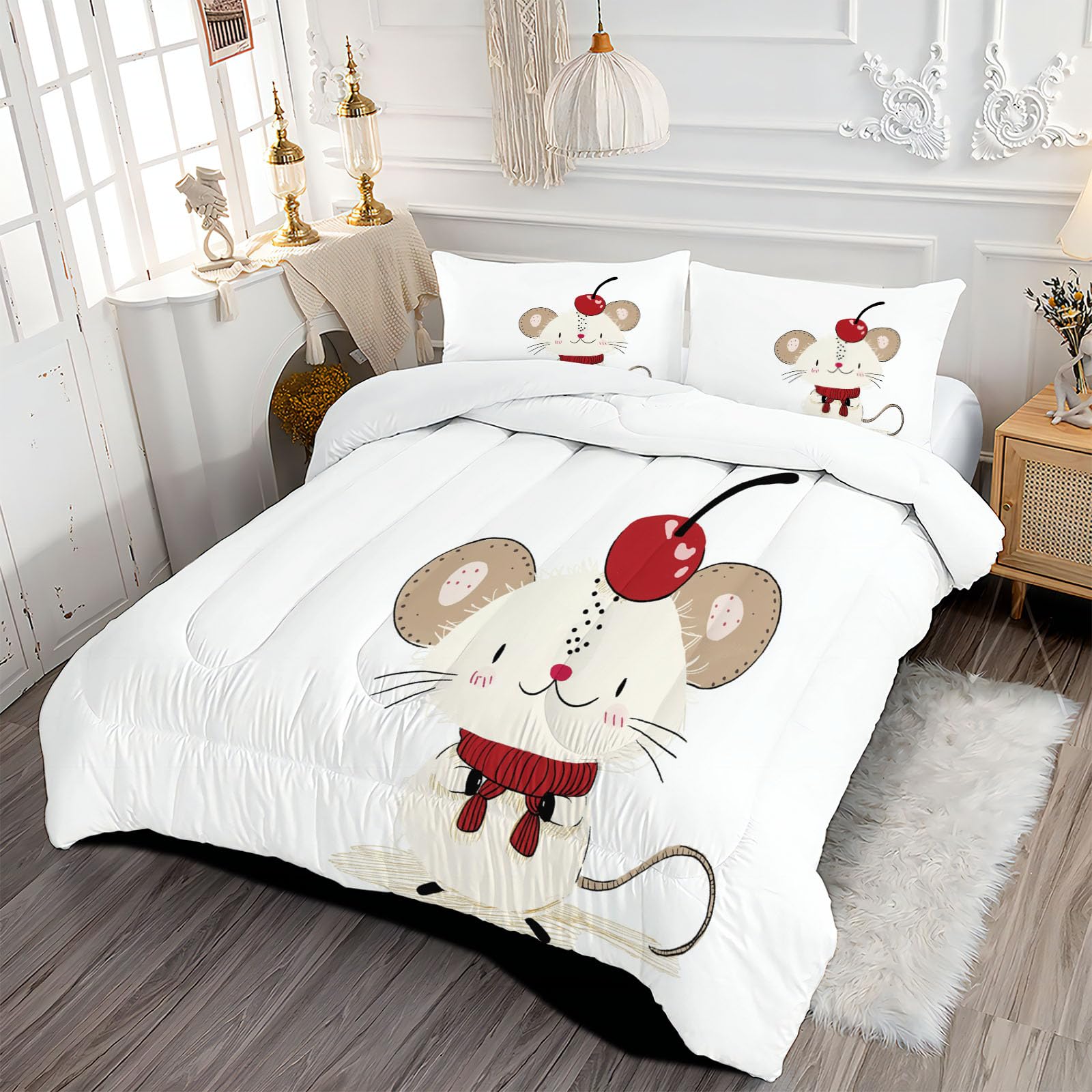 Trapunta Invernale in Ecopiuma, 260x230cm Set Piumone Stile Del Libro Per Bambini Imbottita 200 gr/mq Caldo e Morbido Piumino Trapuntato Mouse Semplice Coperta Letto Reversibile per 4 Stagioni, Bianco