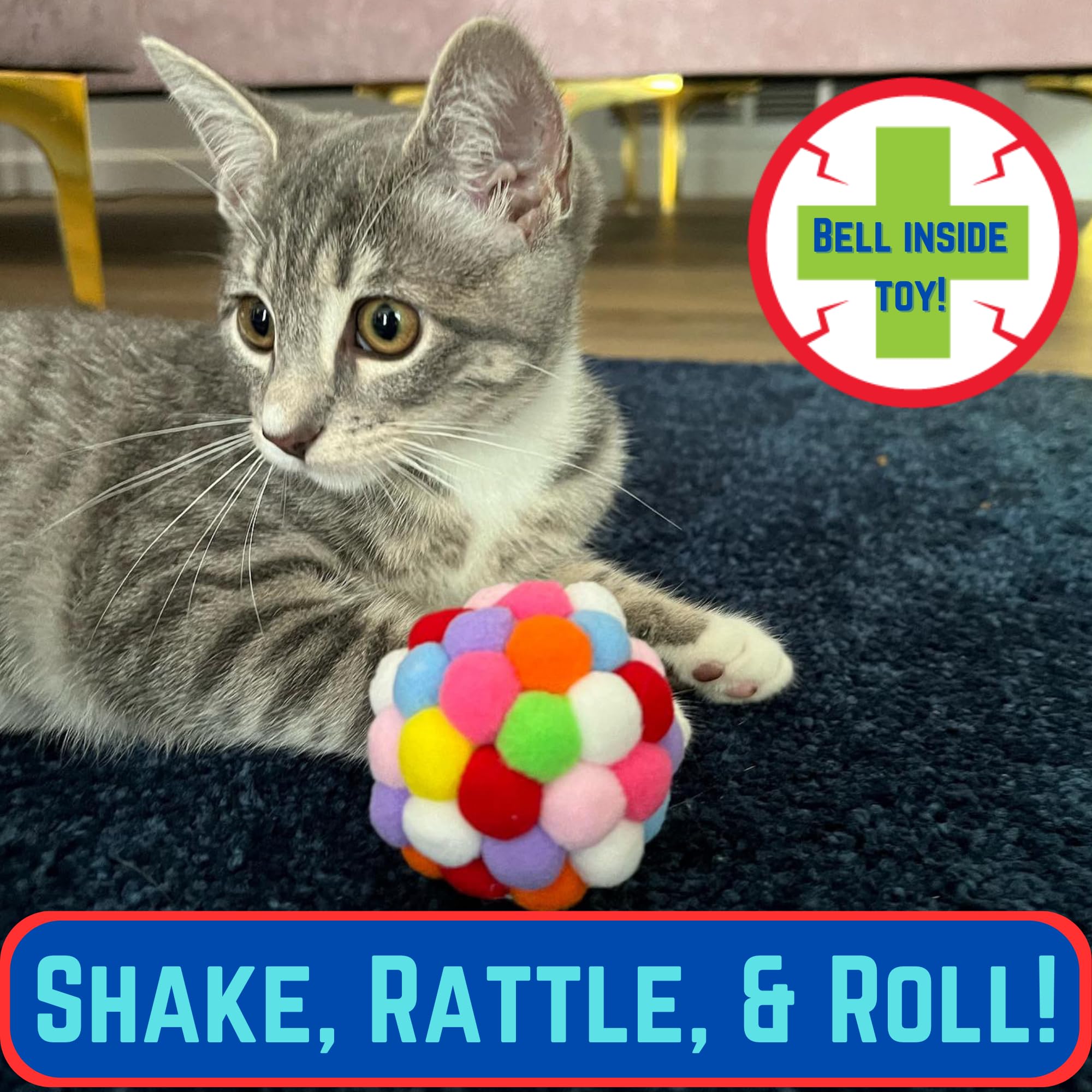 Smokey's Stash Cat Toy Plush Pom Cat Balls with Bells Inside, Colorful and Fuzzy Cat Toys for Indoor Cats and Kittens (Multi Size 3 Pack) (Mix)