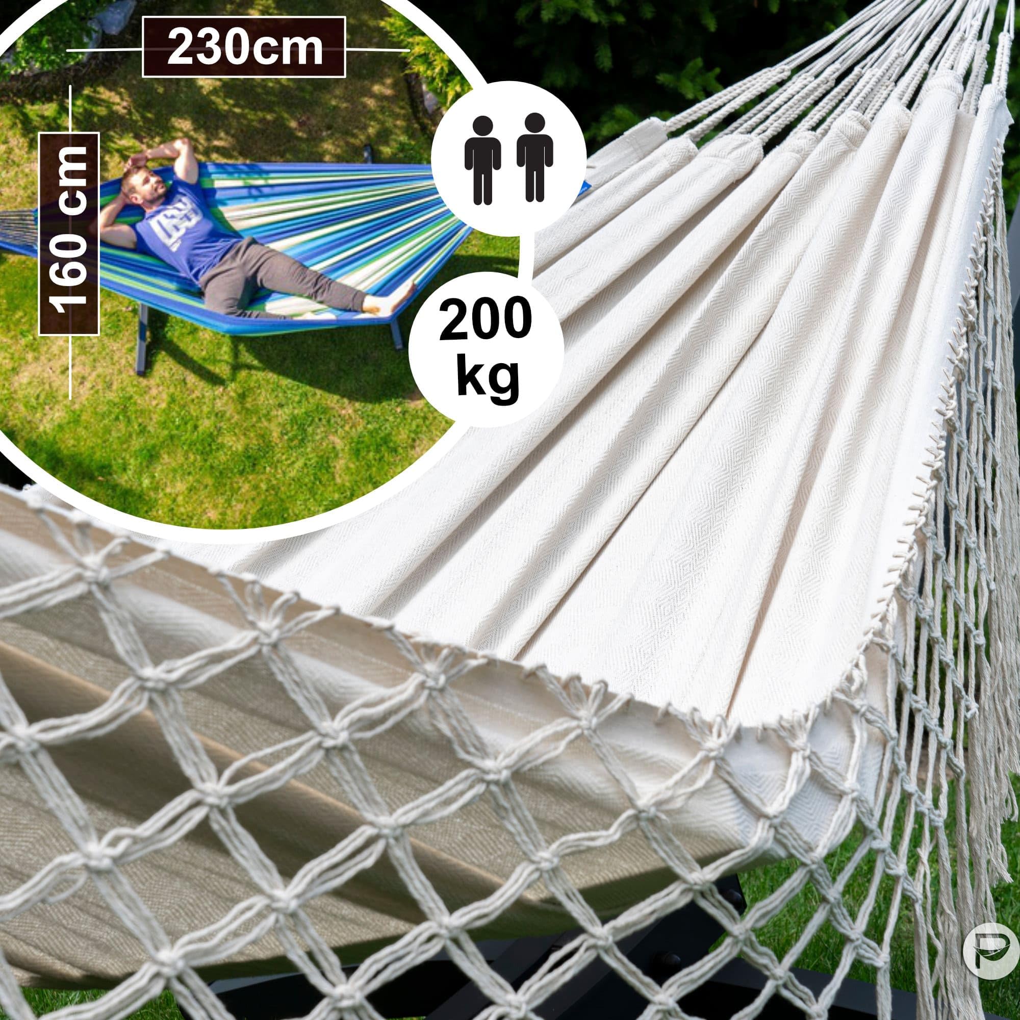 Potenza Medelin Boho - Hamaca para exteriores con estructura galvanizada para 2 personas, 100% algodón, hamaca doble, 230 x 160, 200 kg, estructura de hamaca de 220 kg, resistente a la intemperie