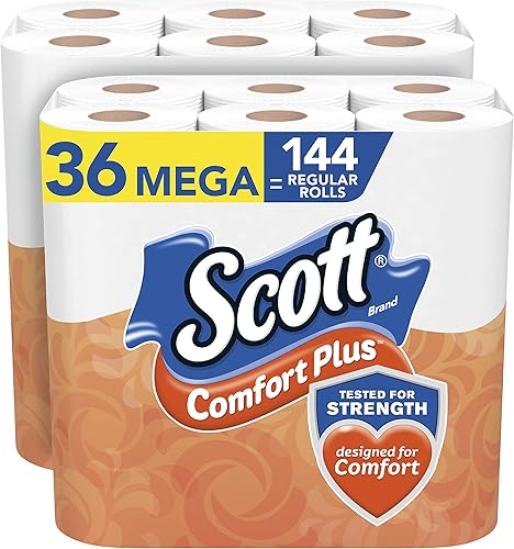 Scott ComfortPlus - Papel higiénico, 36 mega rollos 144 rollos regulares, tejido de baño, 462 hojas por rollo, blanco, 36 unidades