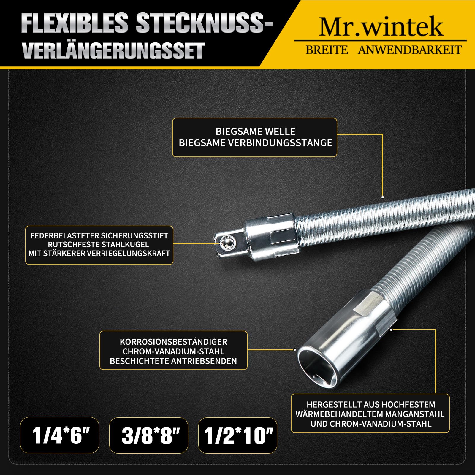 Jeu 3 pièces rallonges cliquet flexibles – Entraînement 1/2", 3/8", 1/4" – Longueurs 10" (254 mm), 8" (203,2 mm), 6" (152,4 mm) – Sécurité bille ressort anti-déverrouillage