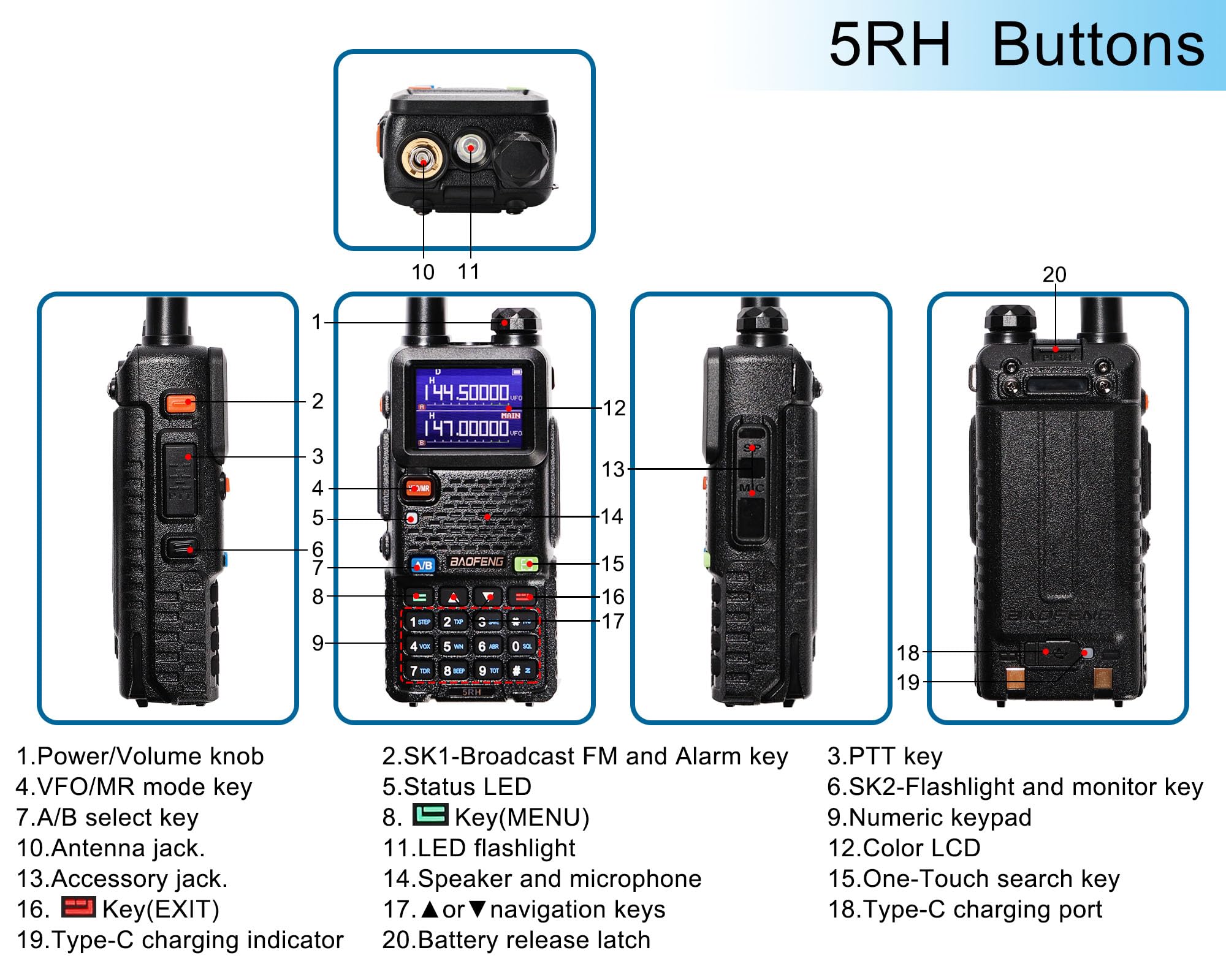 BAOFENG Radio 10W Walkie Talkies Long Range NOAA Weather Radio Handheld Emergency Two Way Radio 999CH with 2500mAh Type-C Battery,Programming Cable for Survival Gear Hunting Camping(2PACK) — view 6