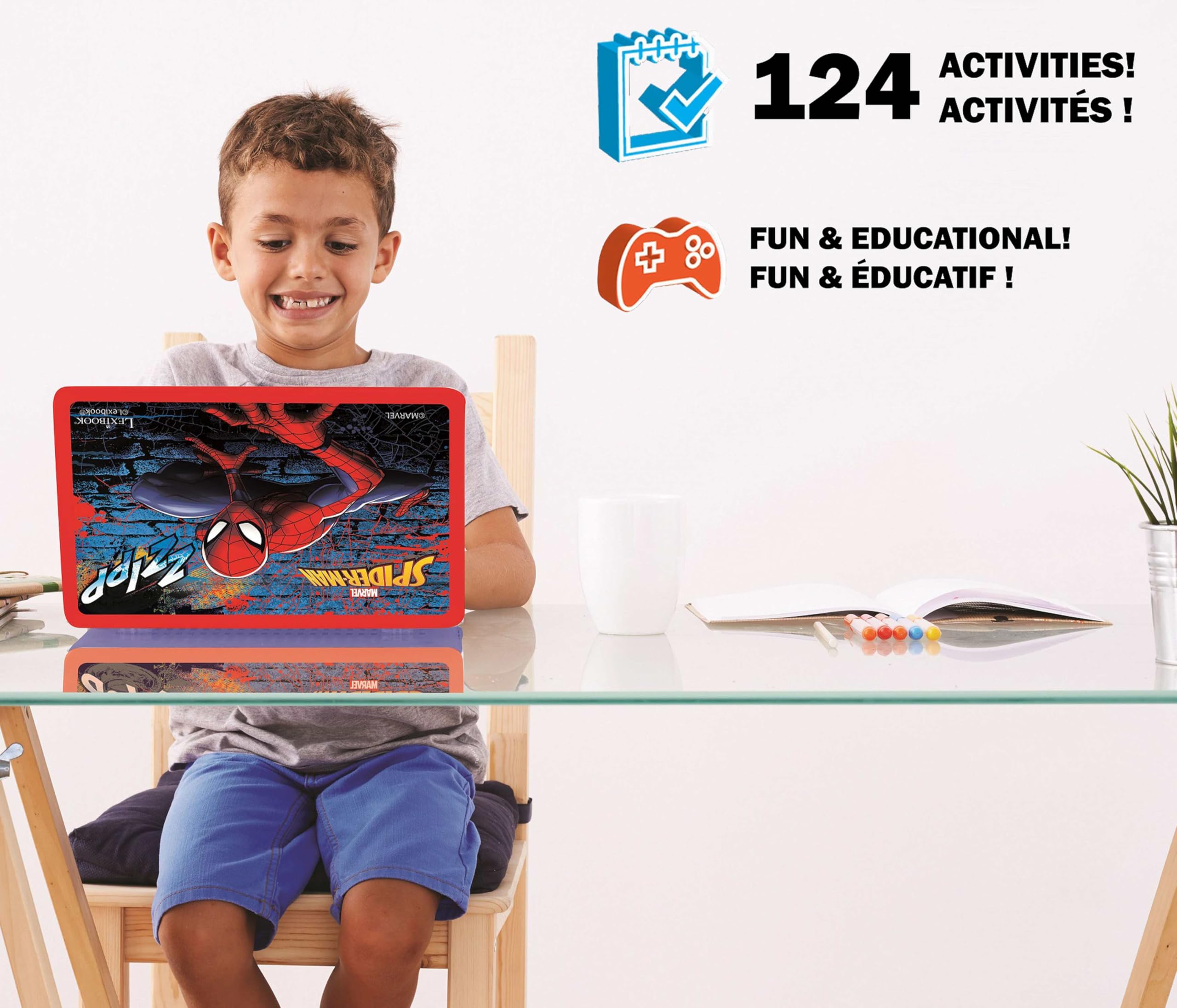 Lexibook Disney Marvel Spider-Man - Computer educativo Bilingue Francese/Inglese - Giocattolo per bambini con 124 attività per imparare, divertirsi e suonare pianoforte - Blu/Rosso, JC598SPi1LXB