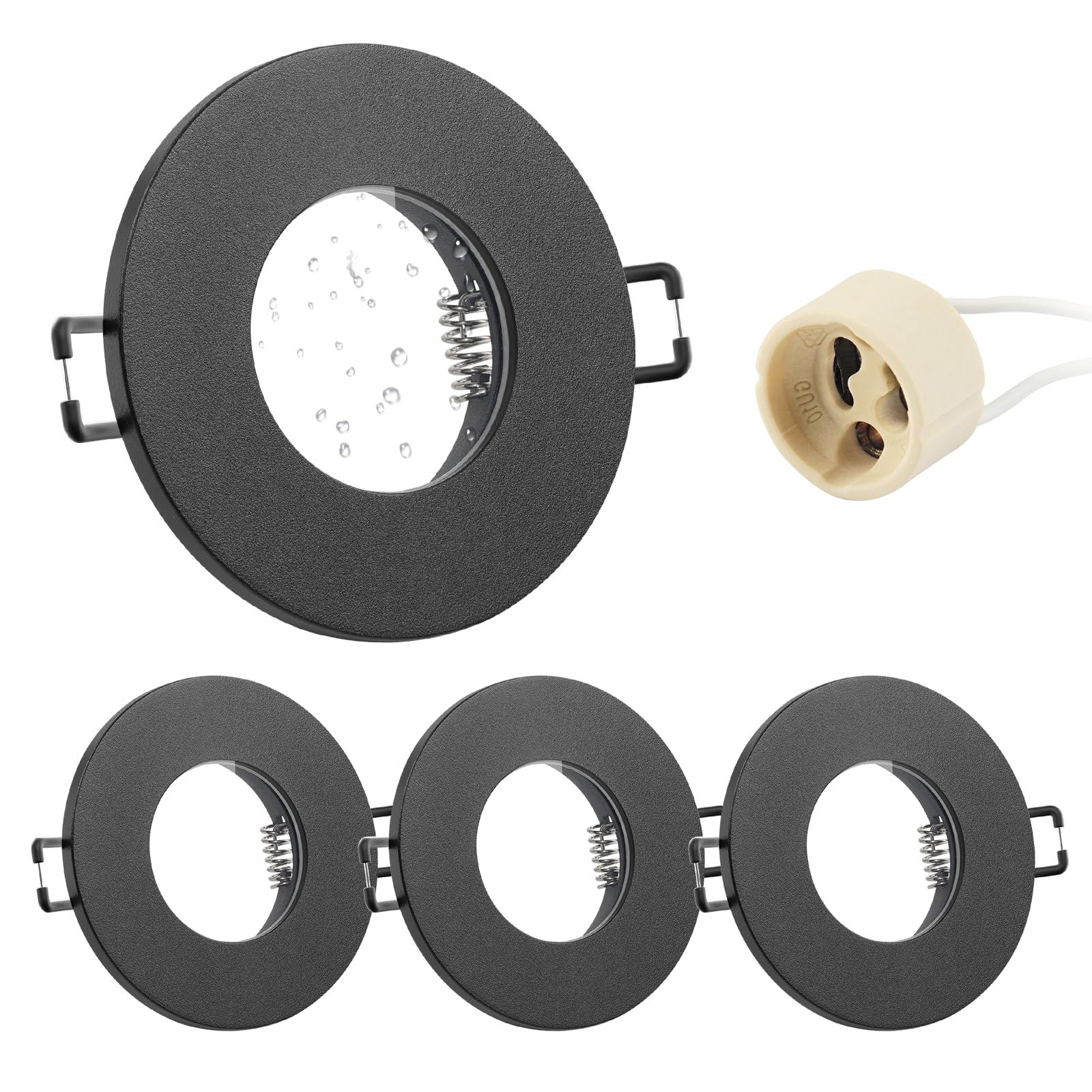 Doughelec 4er Einbaustrahler GU10 Rahmen IP65 Aluminium Schwarz, Badezimmer Einbaurahmen Spot Einbauspots Rund Flach 68mm Lochdurchmesser inkl GU10 Fassung für LED Wasserdicht Einbauleuchten, 230V