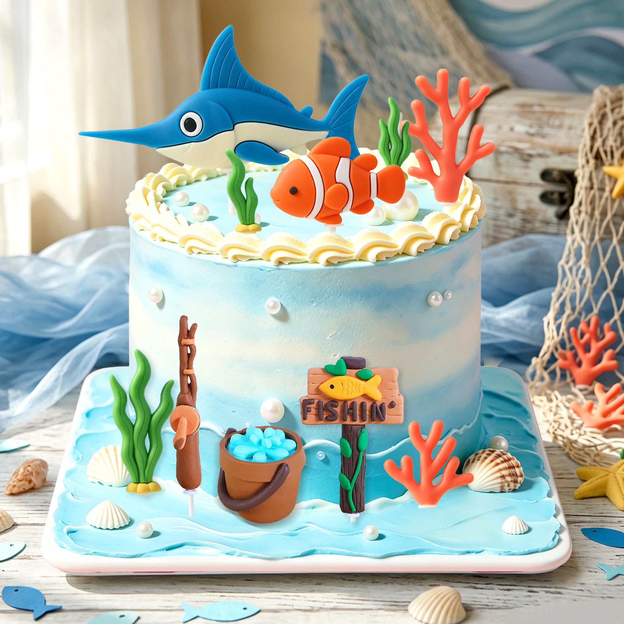 Fishing Cake Topper Fishing Birthday Decorations Gone Fishing Cake Topper, Brown - Image 5