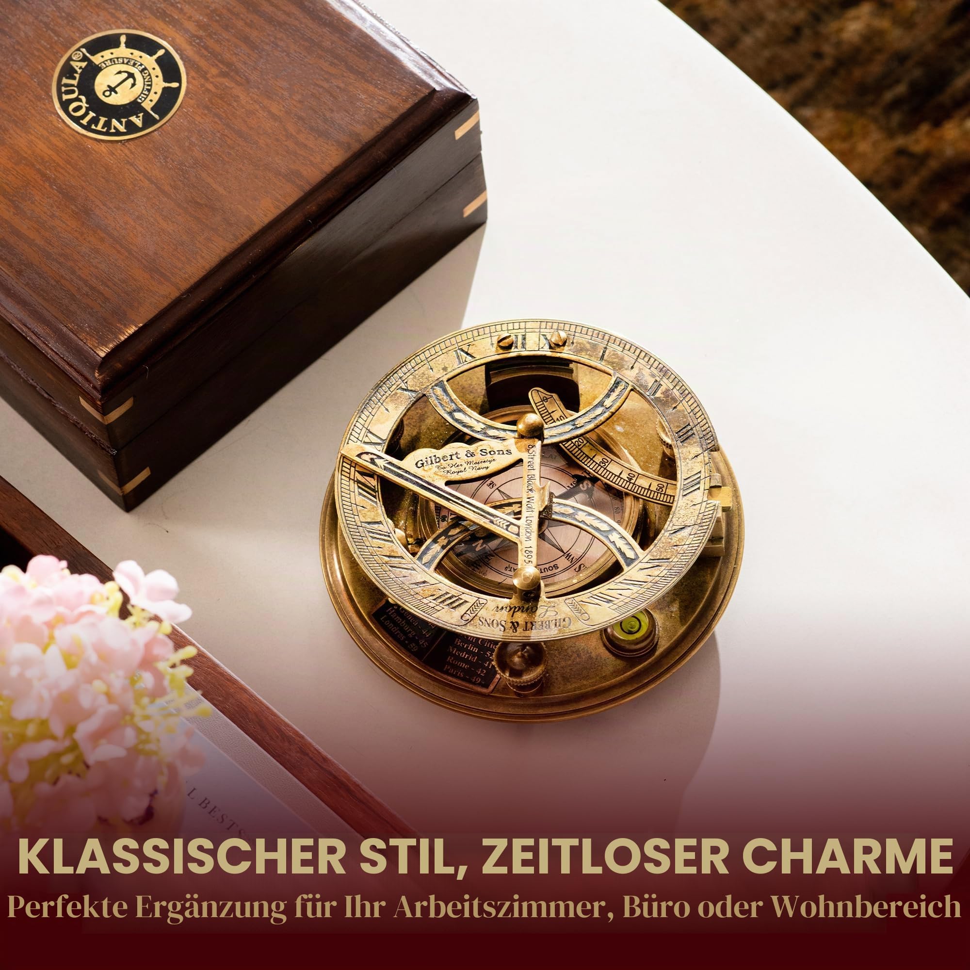 Steampunk-Sonnenuhr-Kompass mit Holzbox und Diagramm, Antik-Look, 12,7 cm