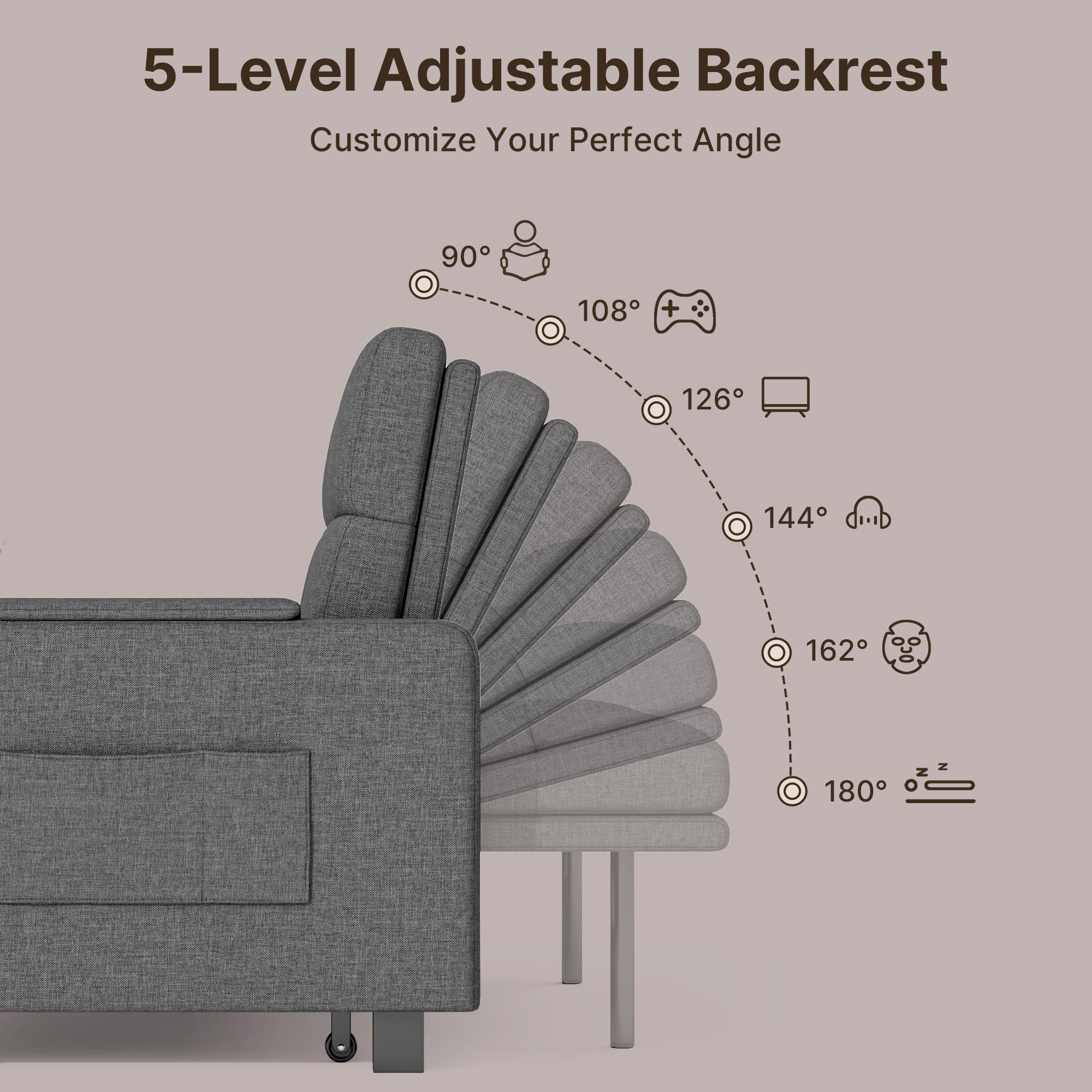 Gizoon Convertible Sofa Bed Modern Couch Bed & Small Loveseat Sleeper, Grey | 3 in 1 Pull out Couch, Space-Saving Design, 5-Position Adjustable Futon Sofa Bed for Living Room, Apartment, Guest Room