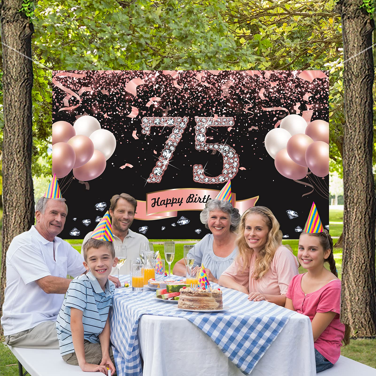 75° compleanno, decorazione da donna, 75° compleanno, decorazione oro rosa con macchie di brillantini, in tessuto, 75° compleanno, decorazione per feste di compleanno