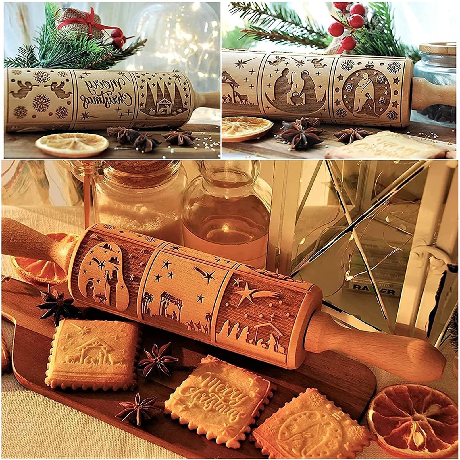 Nudelholz, Nudelholz, Weihnachts-Nudelholz mit Muster, Schneeflocke, Elch