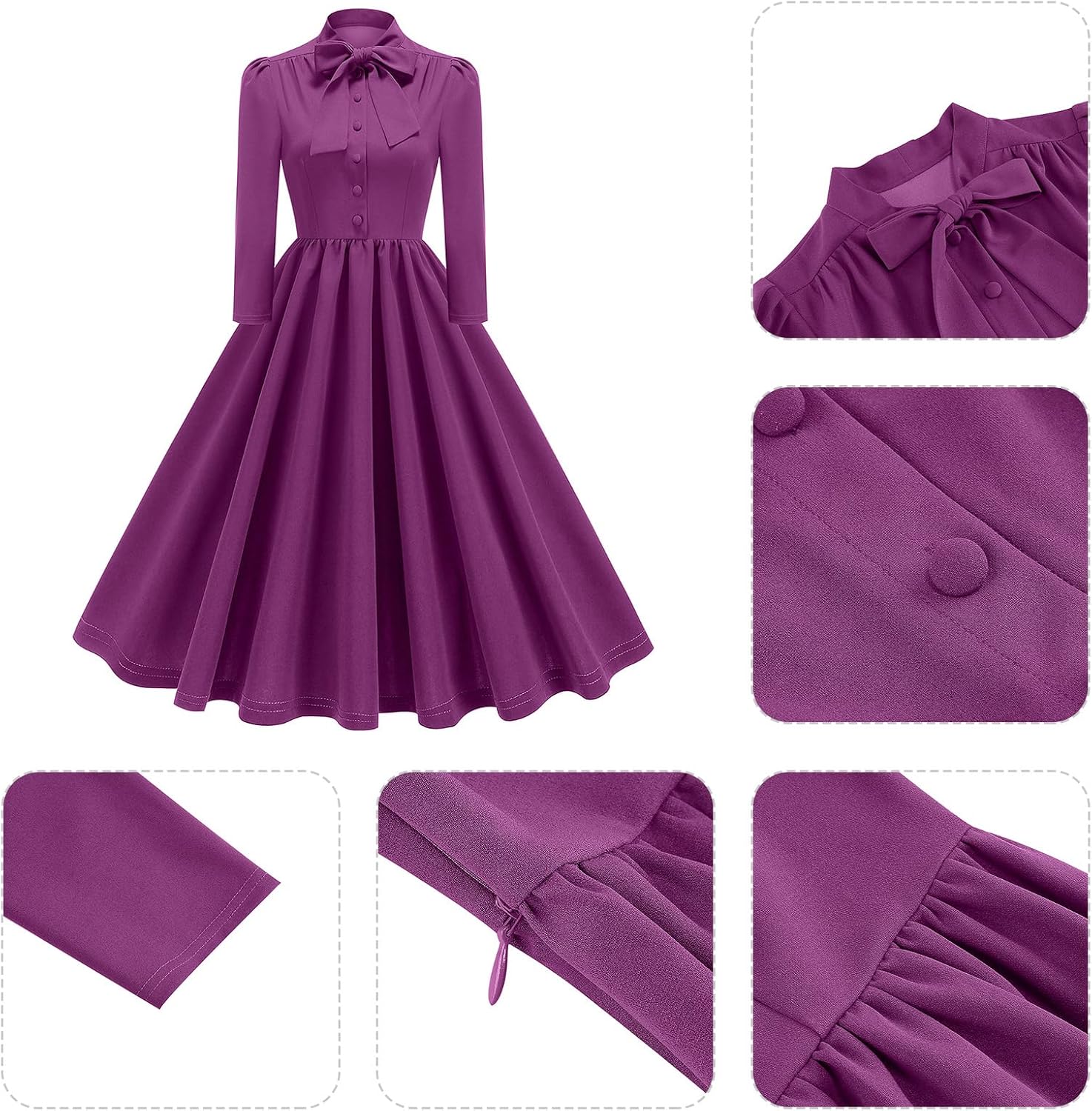 1950s Dresses for Women Vintage Rockabilly Retro 3/4 Puff Sleeve Tie Midi Dress Cocktail Party Evening Prom Gown - Image 4