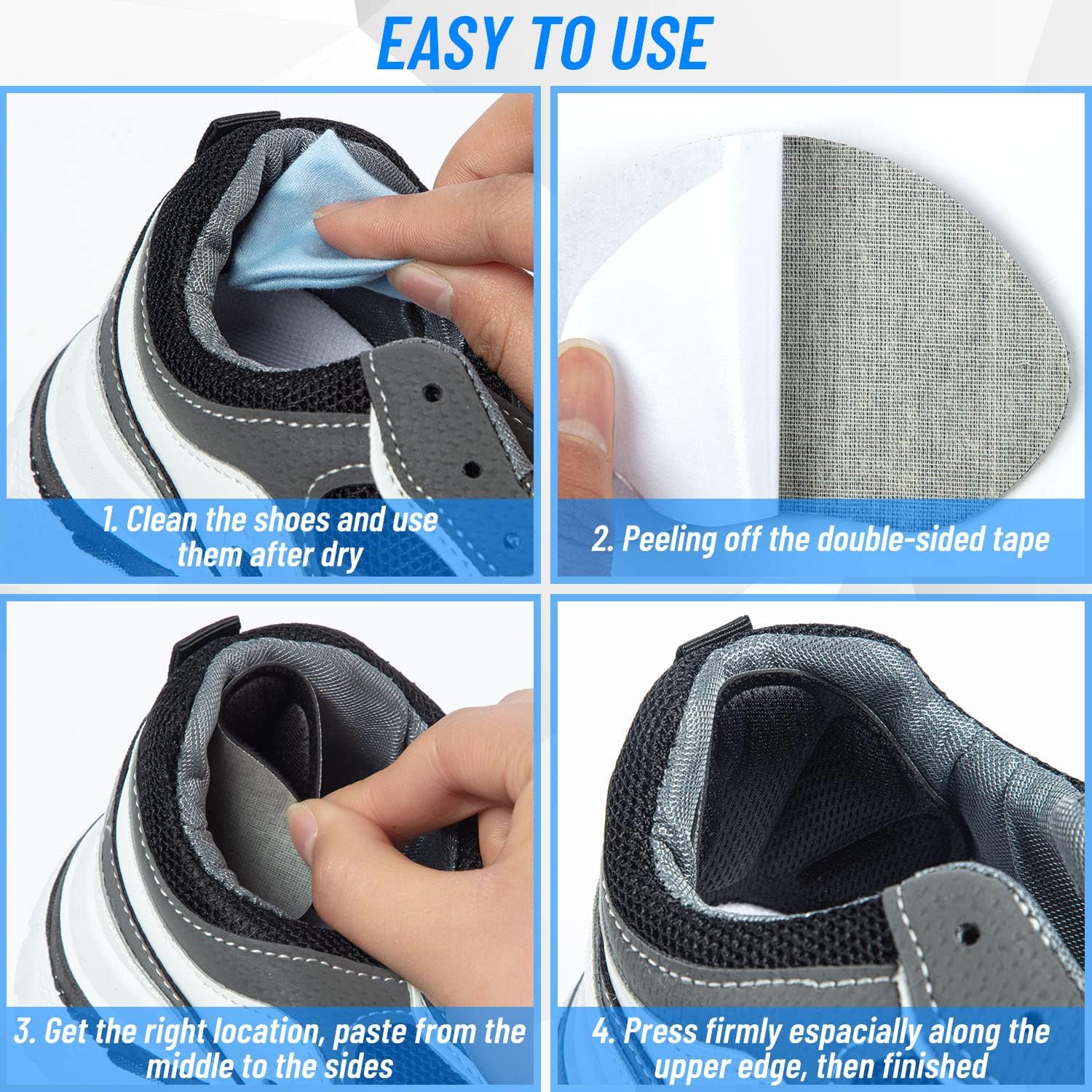Shoe Heel Inserts, 8 Pcs Mesh Self-Adhesive Heel Cushion Pads for Back of Heel, Heel Cushion Inserts Prevent Shoes Too Big for Women Men, Black