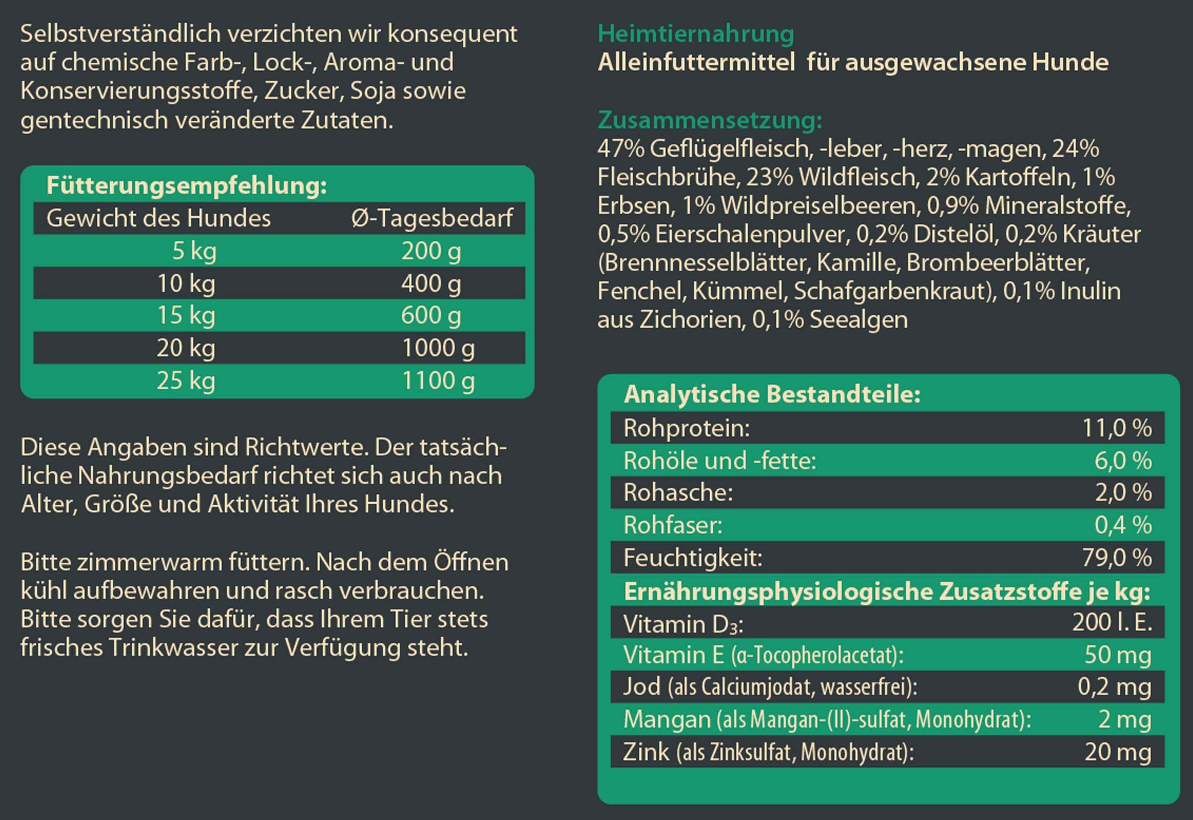 Dehner Wild Nature zestaw próbnej karmy dla psów, mokra karma bez zbóż/bez cukru, dla dorosłych psów, kaczek, koni, dziczyzn, królików, 6 x 400 g puszka (2,4 kg)