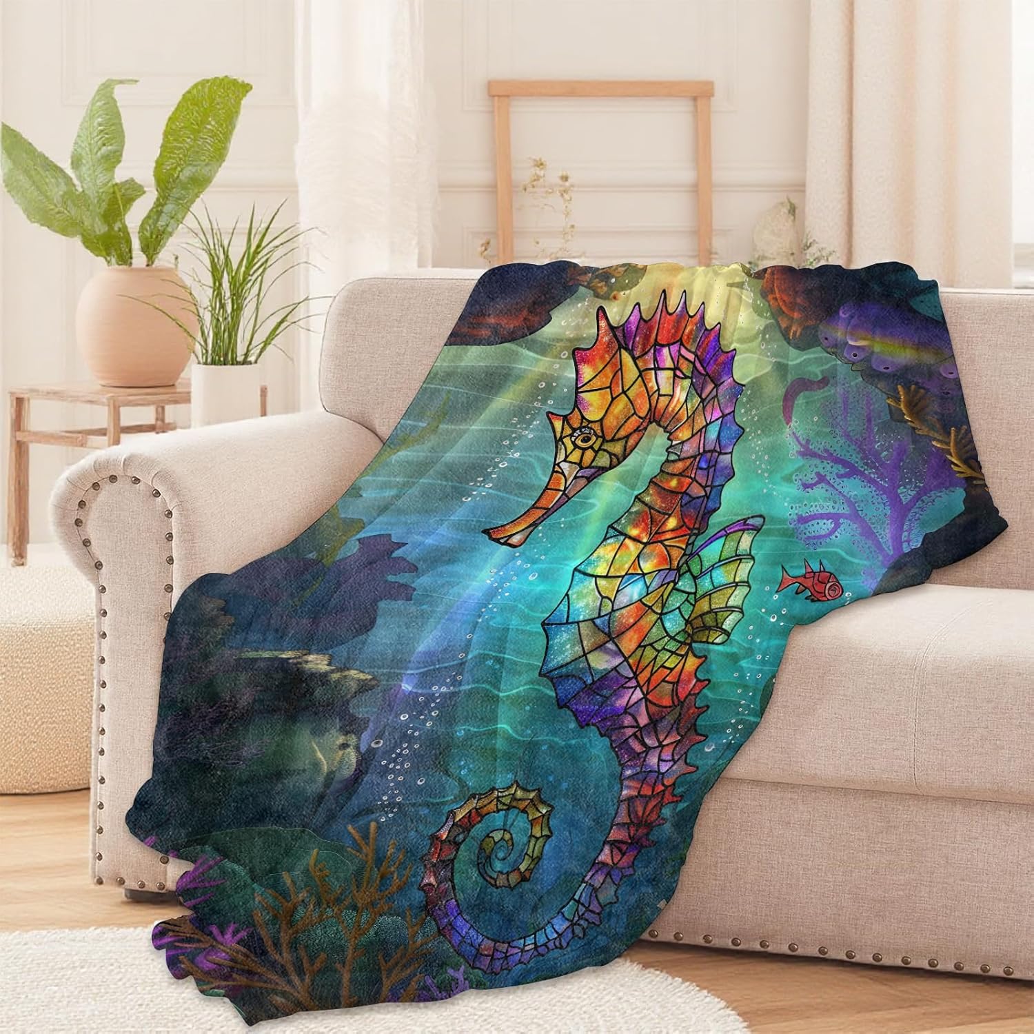 Colorful Seahorse Throw Blanket – Underwater Ocean Design, Cozy Warm Flannel Blankets, All Season Use, Kids Boys Girls Women Gifts, 50x60in, Sofa Office Dorm Travel RV Farmhouse Decoration