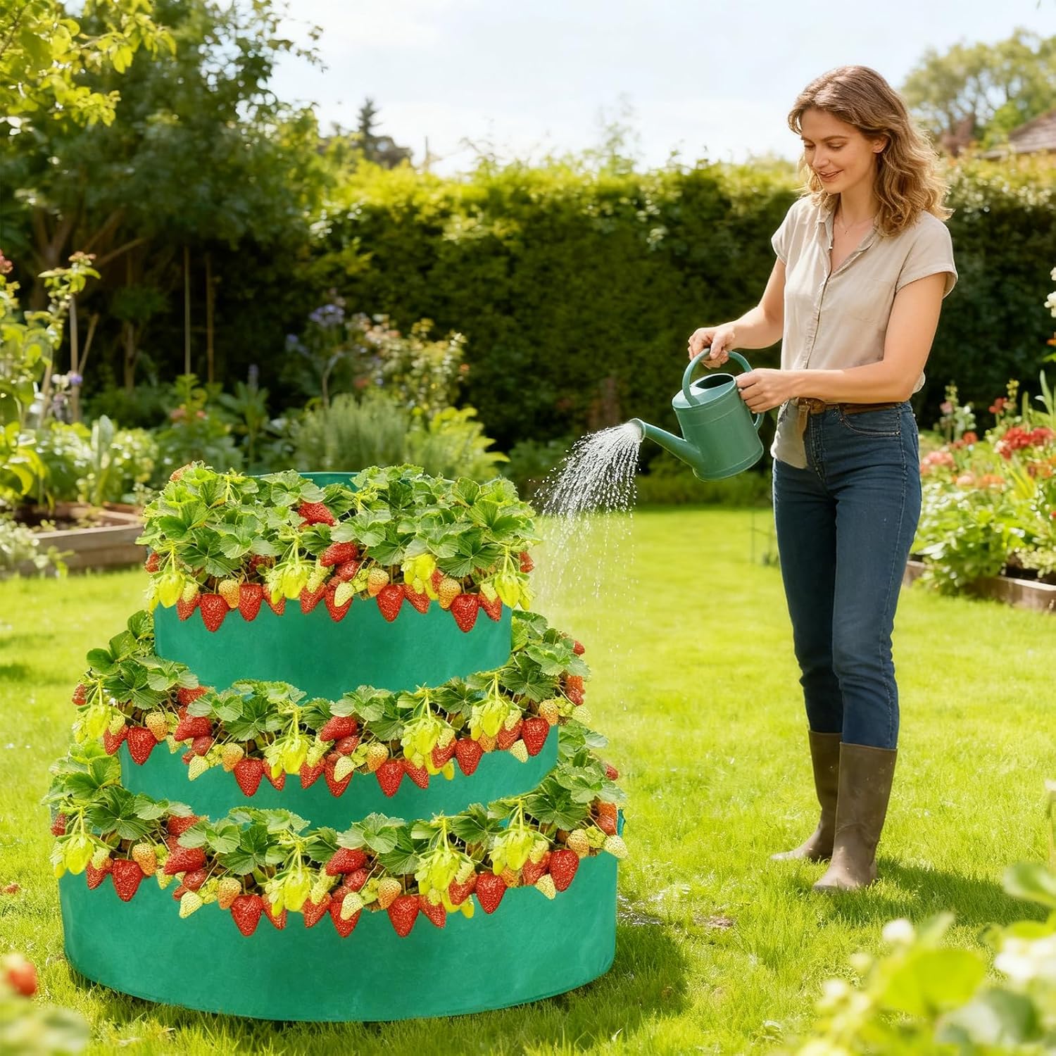3 Tiered Fabric Strawberry Planter 48 36 24 inch Strawberry Tower Planter Stackable Planters Strawberry Grow Kit (Green)