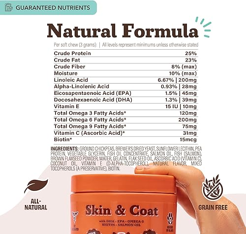 Miniatura 7 de Natural Dog Company Masticables para la piel y el pelaje  Sabor a salmón y guisantes  Vitaminas y suplementos para perros para una piel y pelaje