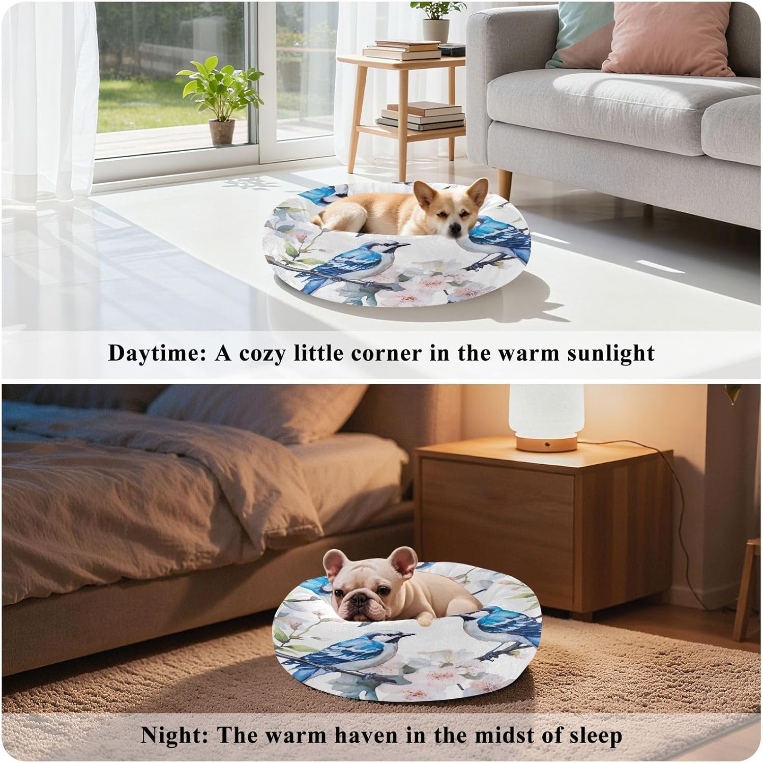 Dog Bed Ultra Soft Fluffy Comfortable Cat Bed, Blue Birds White Washable Dog Beds Anti-Slip Round Pet Beds for Medium Dogs