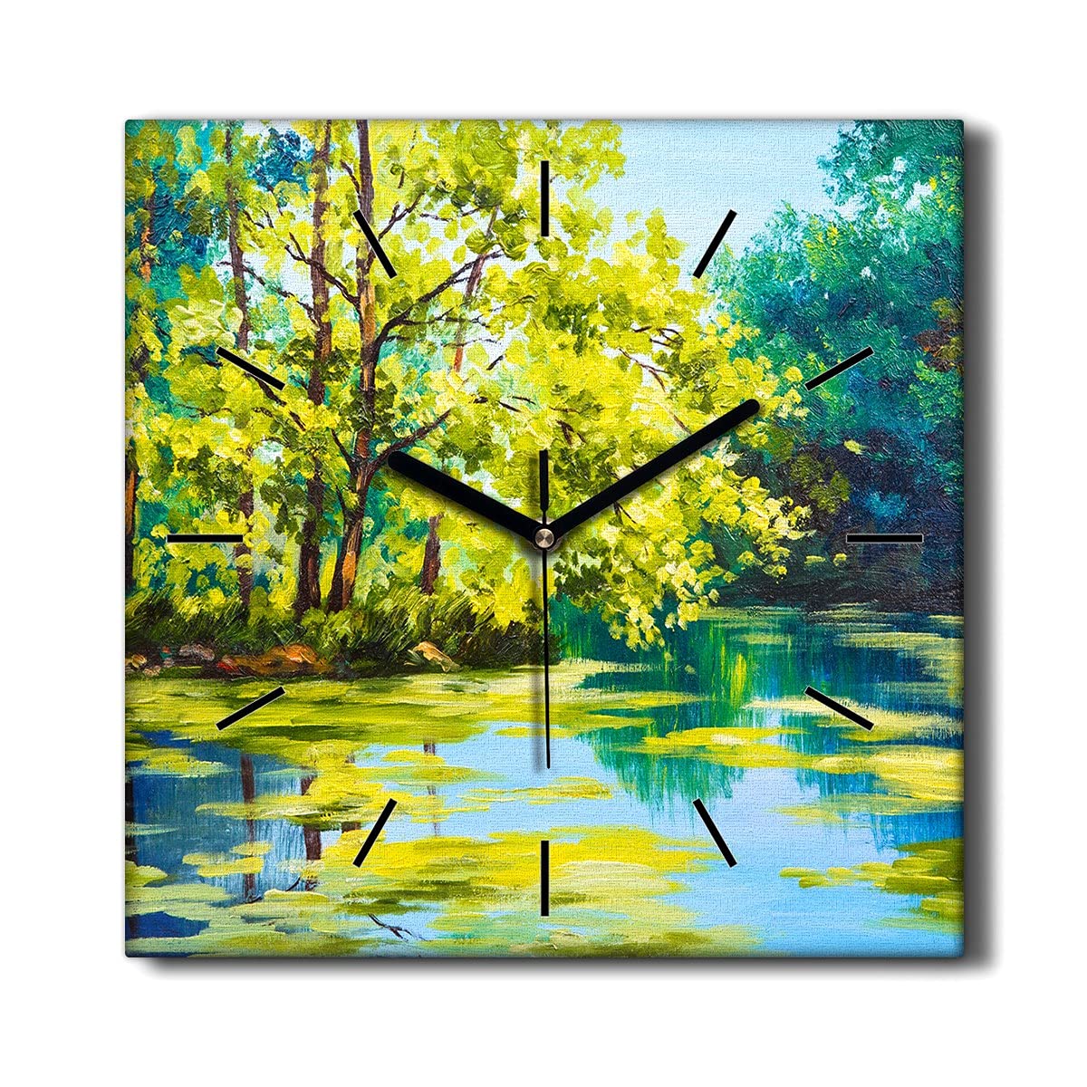 Décoration Murale Salon Horloge sur Toile 30x30 Paysage Naturel Lac et Arbres