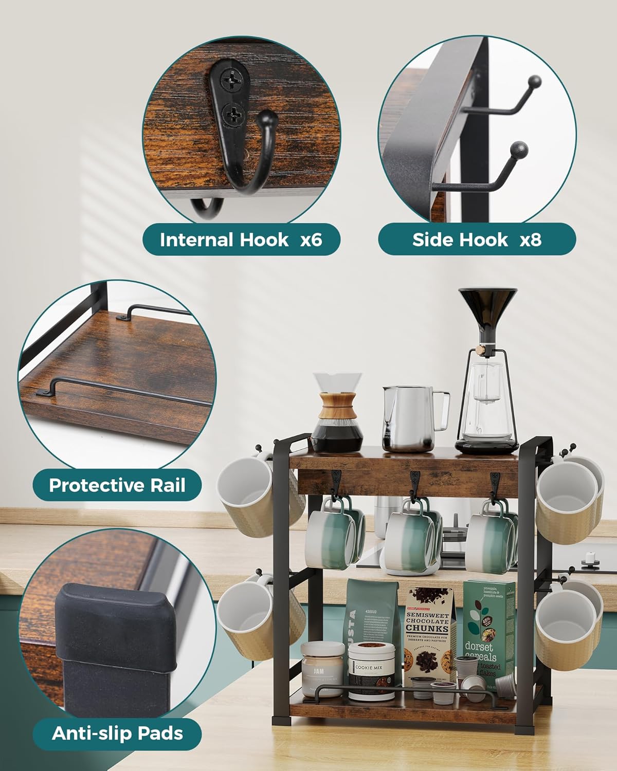 4-Tier Wooden Coffee Mug Holder - Cup Display Organizer For Kitchen Countertop