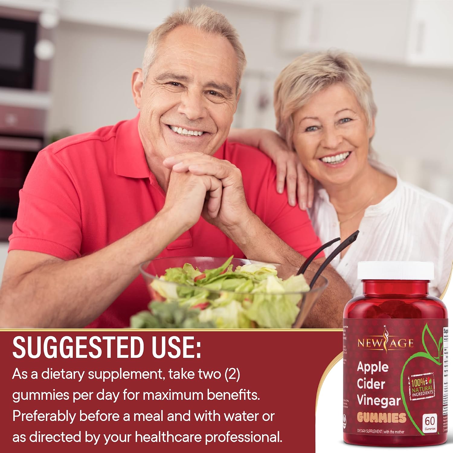 NEW AGE Apple Cider Vinegar Gummies 2-Pack - 120 Count - Immunity & Detox - with The Mother, Gluten-Free, Vegan, Vitamin B9, B12, Pomegrantate, Beetroot (2 Pack 120 Count)