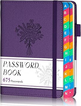 Password Keeper Book with Colorful Alphabetical Tabs, Small Pocket Password Logbook for Seniors, 4.7 x 6.2" Internet Website Address Organizer, Stores 675 Passwords Royal Purple
