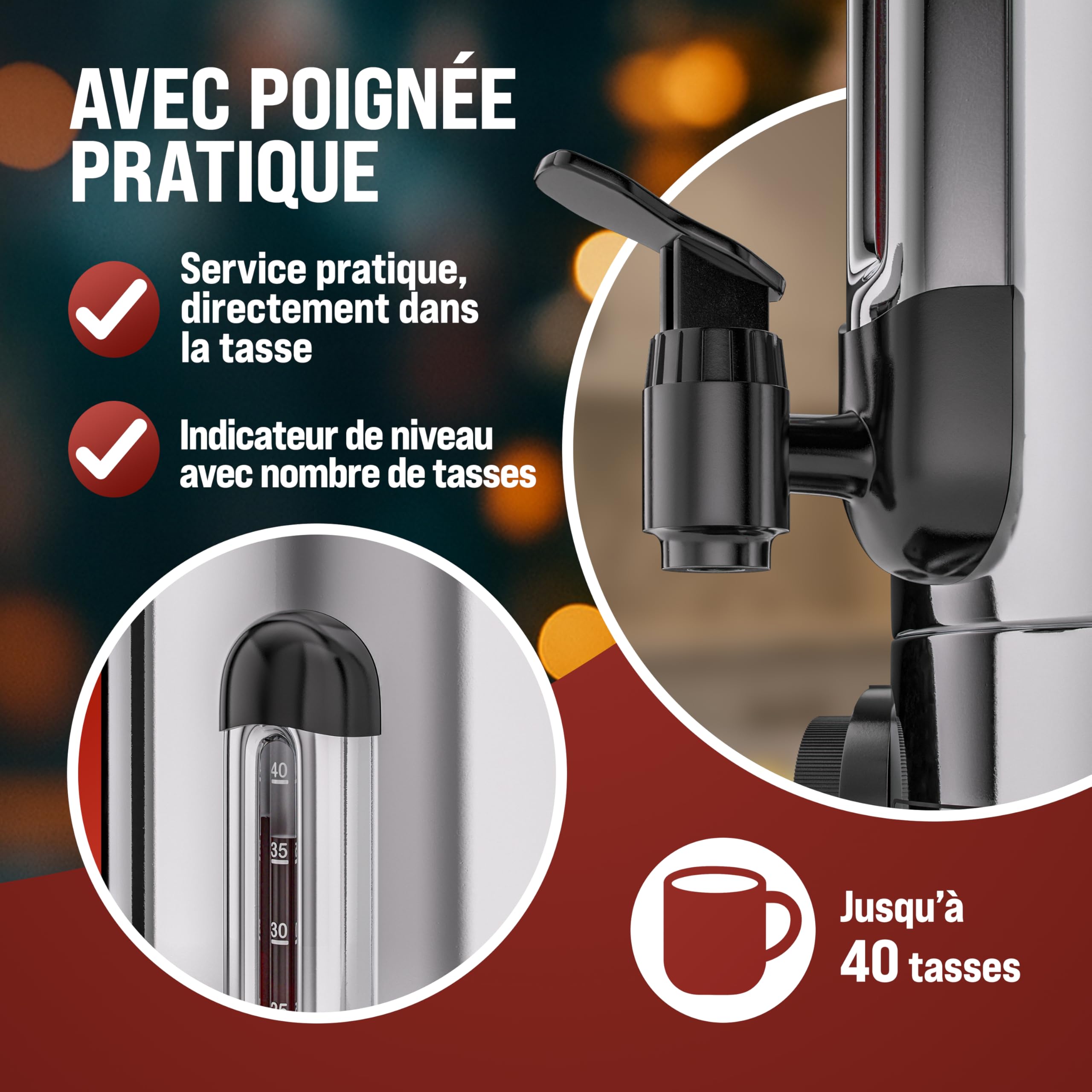 MONZANA® Distributeur de boissons chaudes 8,8L en acier inoxydable Bouilloire Marmite à vin chaud 950W Chauffe eau avec température réglable 40 tasses