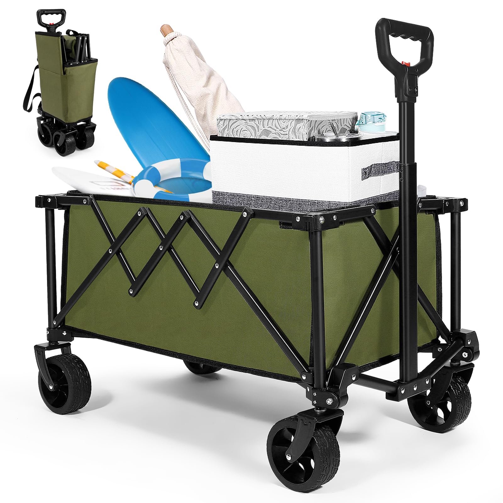 Beach Wagon Cart Foldable Travel Cart,Heavy Duty Utility Collapsible Wagon with All-Terrain Wheels,Portable Beach Wagon,Load Capacity 200 lbs,Suitable for Shopping, Sports, Camping