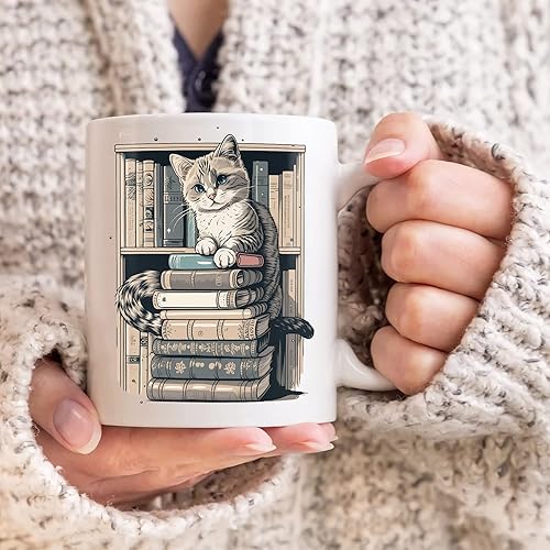 Miniatura 4 de Taza divertida para amantes de los gatos, tazas de biblioteca para amantes de los gatos y los libros, taza de libros y gatos, artículos de