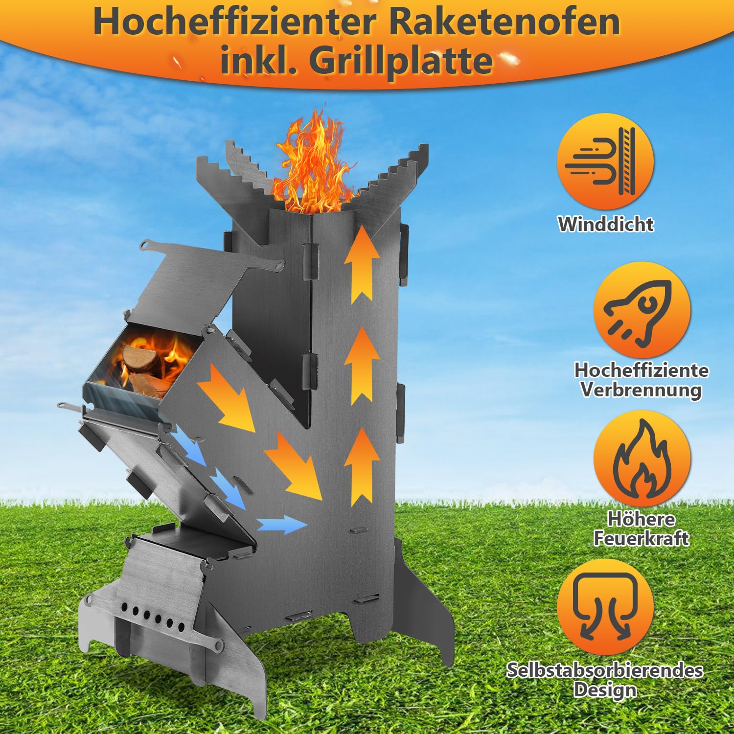 Piec rakietowy ze stali węglowej 3 mm, Outdoor Rocket Stove z płytą grillową (Ø 50 cm), kompatybilny z garnkami Dutch Oven i żeliwnymi patelniami – na kemping, do ogrodu i na taras