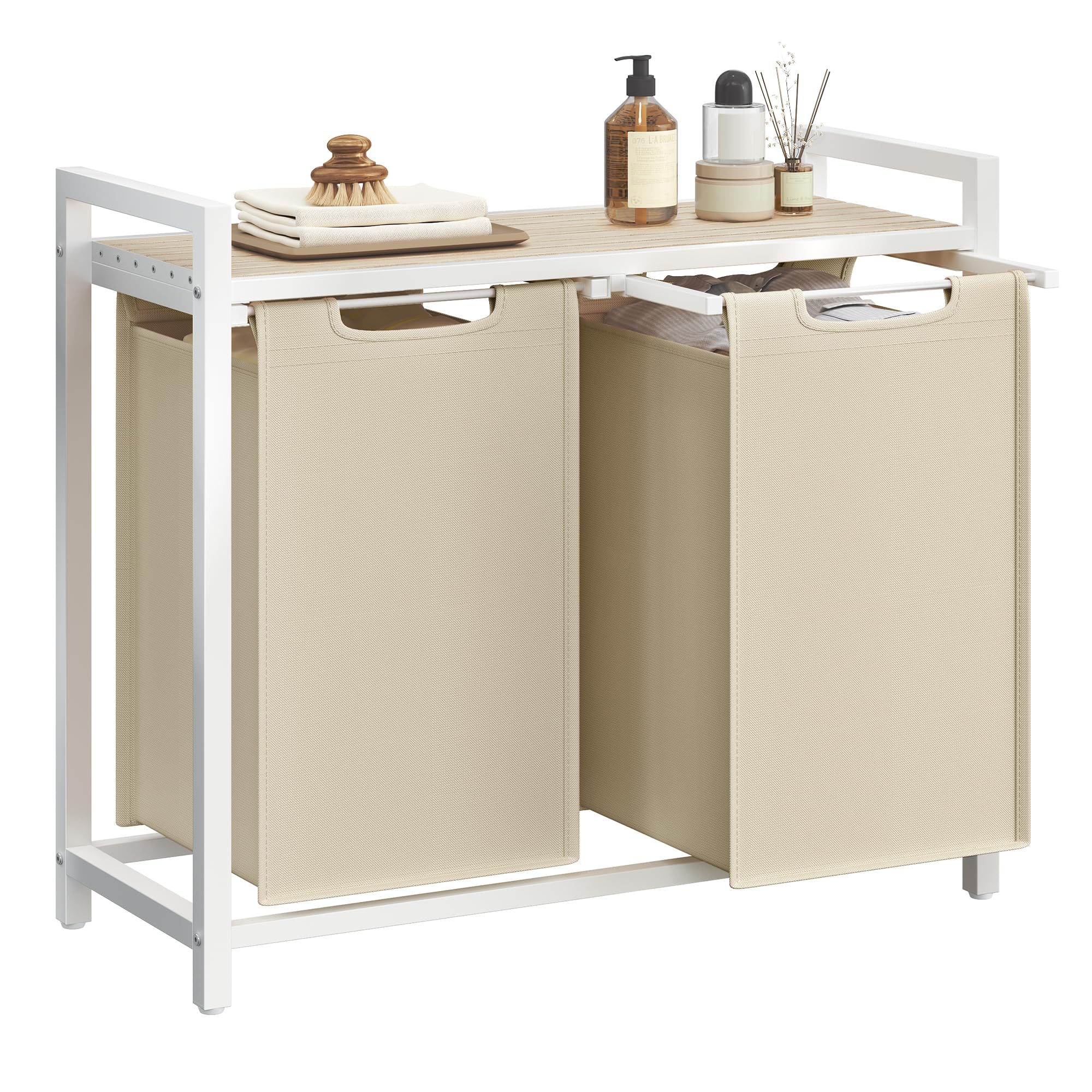 VASAGLE Wäschekorb 2 Fächer, Wäschesammler mit Ablage, Wäschebox, Wäschesack aus Oxford-Gewebe abnehmbar, Metallrahmen, 2 x 46 L, 73 x 33 x 72 cm, cappuccinobeige-naturbeige BLH201LH01