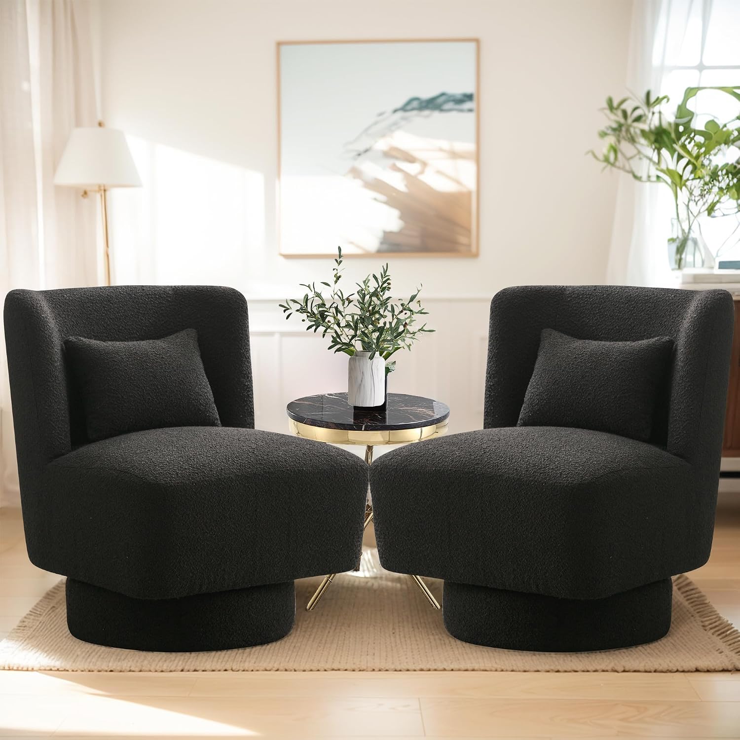 Chifee & Vingol Armless Boucle Swivel Accent Chair Set of 2 with Pillow,Black