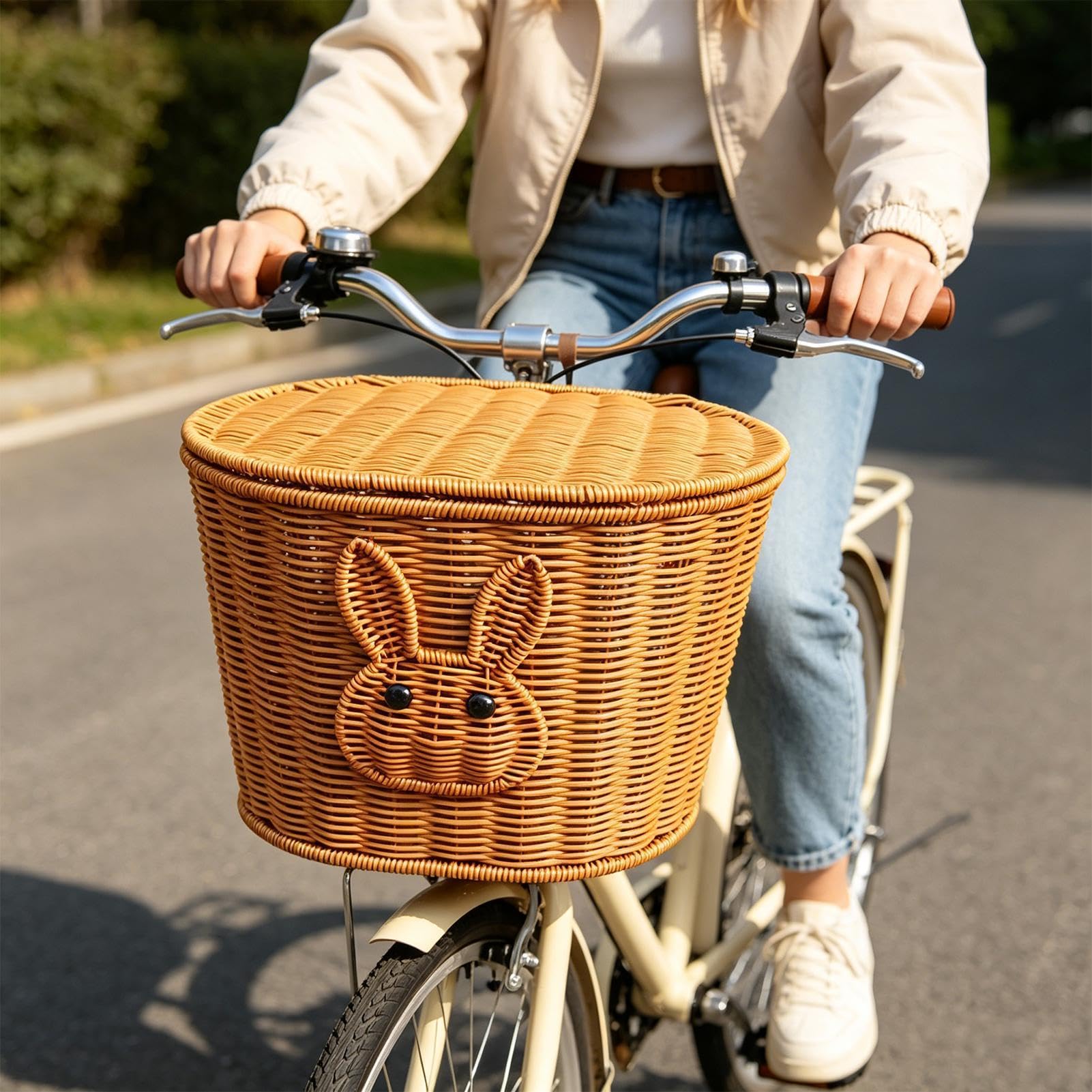 Koszyk Rowerowy Pleciony bagażnik rowerowy z pokrywą | Kosz cargo do roweru ze wzorem króliczka Do podróży, dojeżdżania, outdooru, jazdy na rowerze, kolarstwa szosowego i do