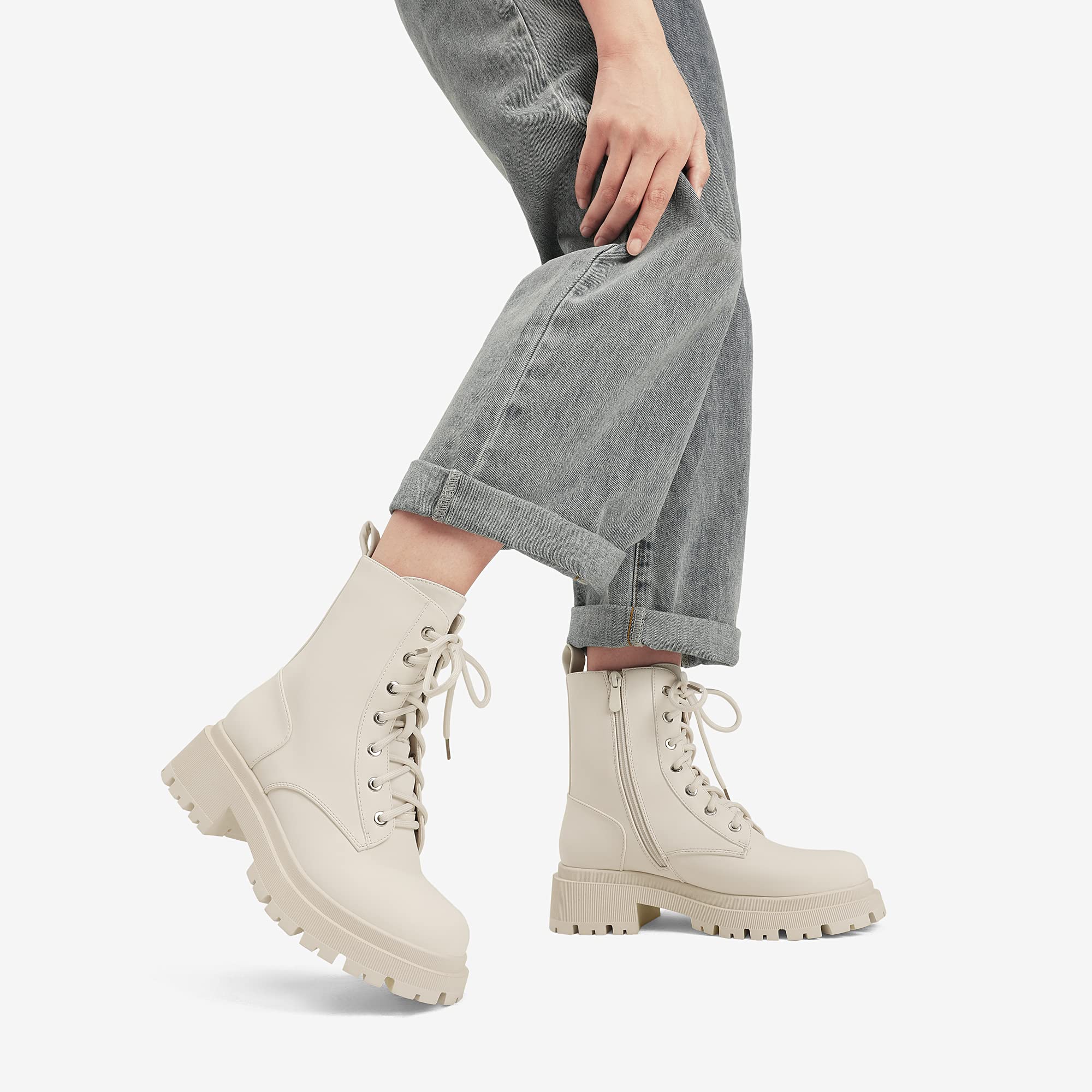 DREAM PAIRS Stivali Anfibi Donna Cerniera con Lacci Silhouette Comoda Chiusura Lampo Fodera Calda Suola Interna