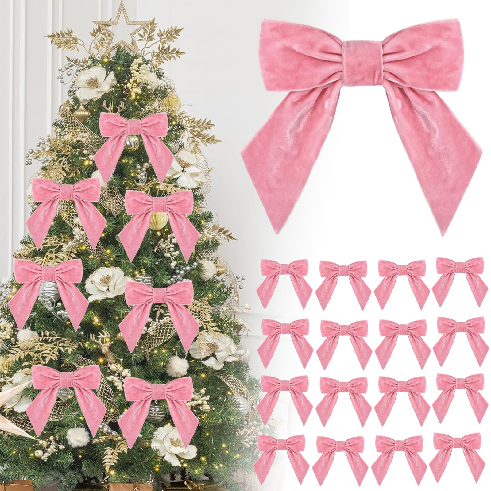 16P Christmas Pink Velvet Ribbon Gift Bows,4.3" Pink Velvet Bows with Twist Ties,Christmas Tree Bow,Vintage Wedding Velvets BowXmas Wreaths Garland Velvets Ribbon for Pretied Gift Wrapping Bows