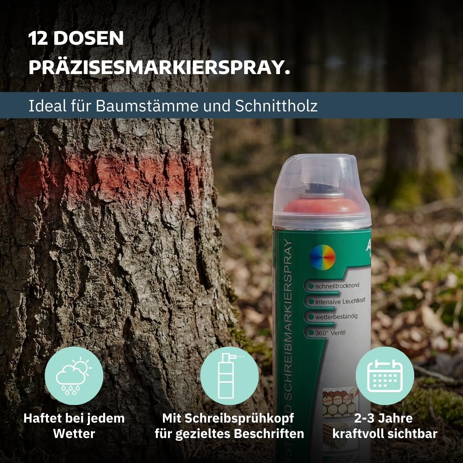 12 x Forst-Markierungsspray in Rot 500 ml I 2-3 Jahre sichtbar I präzises Markierspray Forst I umweltfreundliche Sprühfarbe für Holz I fluoreszierende Farbe I Forst Werkzeug