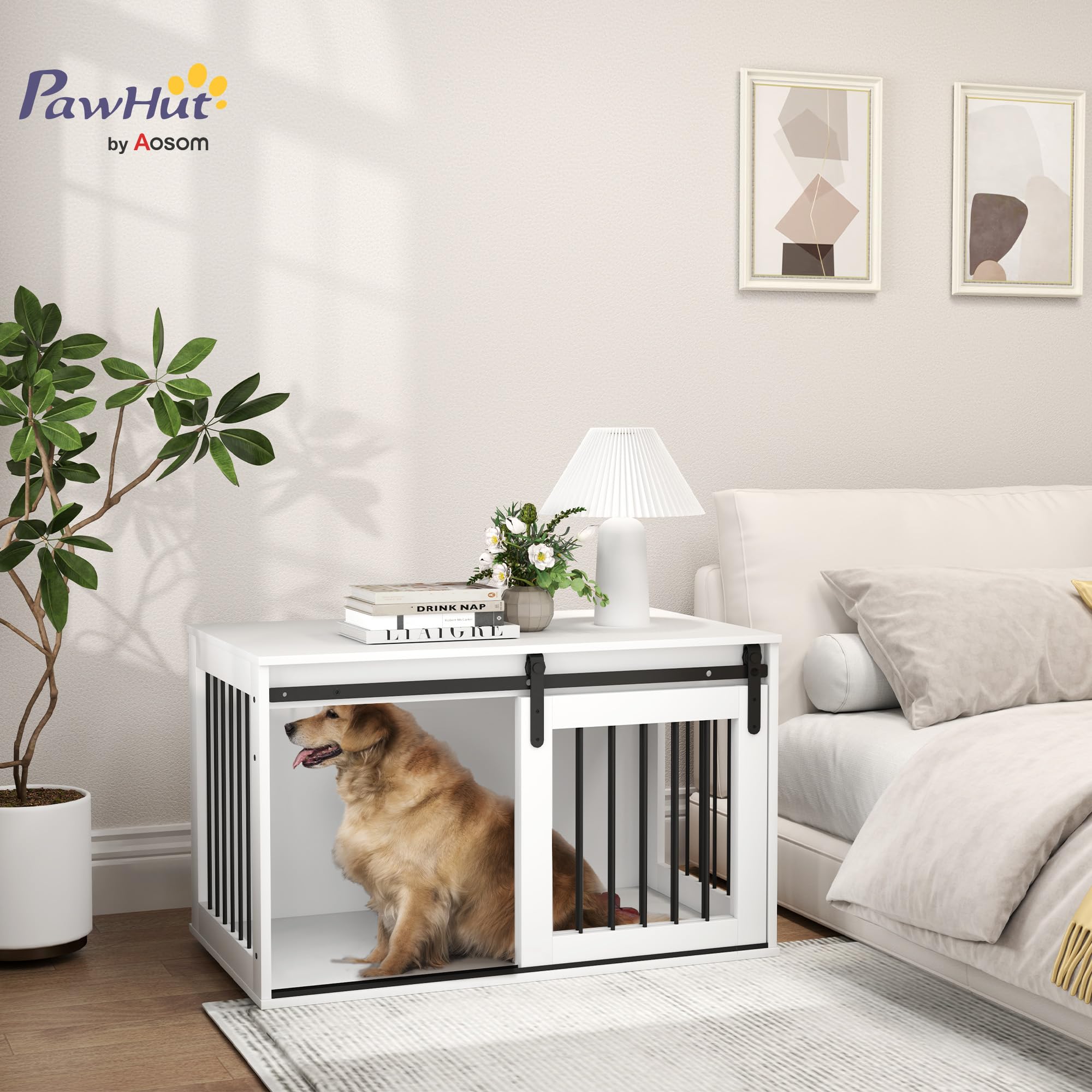 PawHut Hundekäfig Abschließbar XXL 98 cm für Große Hunde Weiß | Hundebox Schiebetüren, Moderne Metall Indoor Hundehütte, 98 x 58 x 61 cm