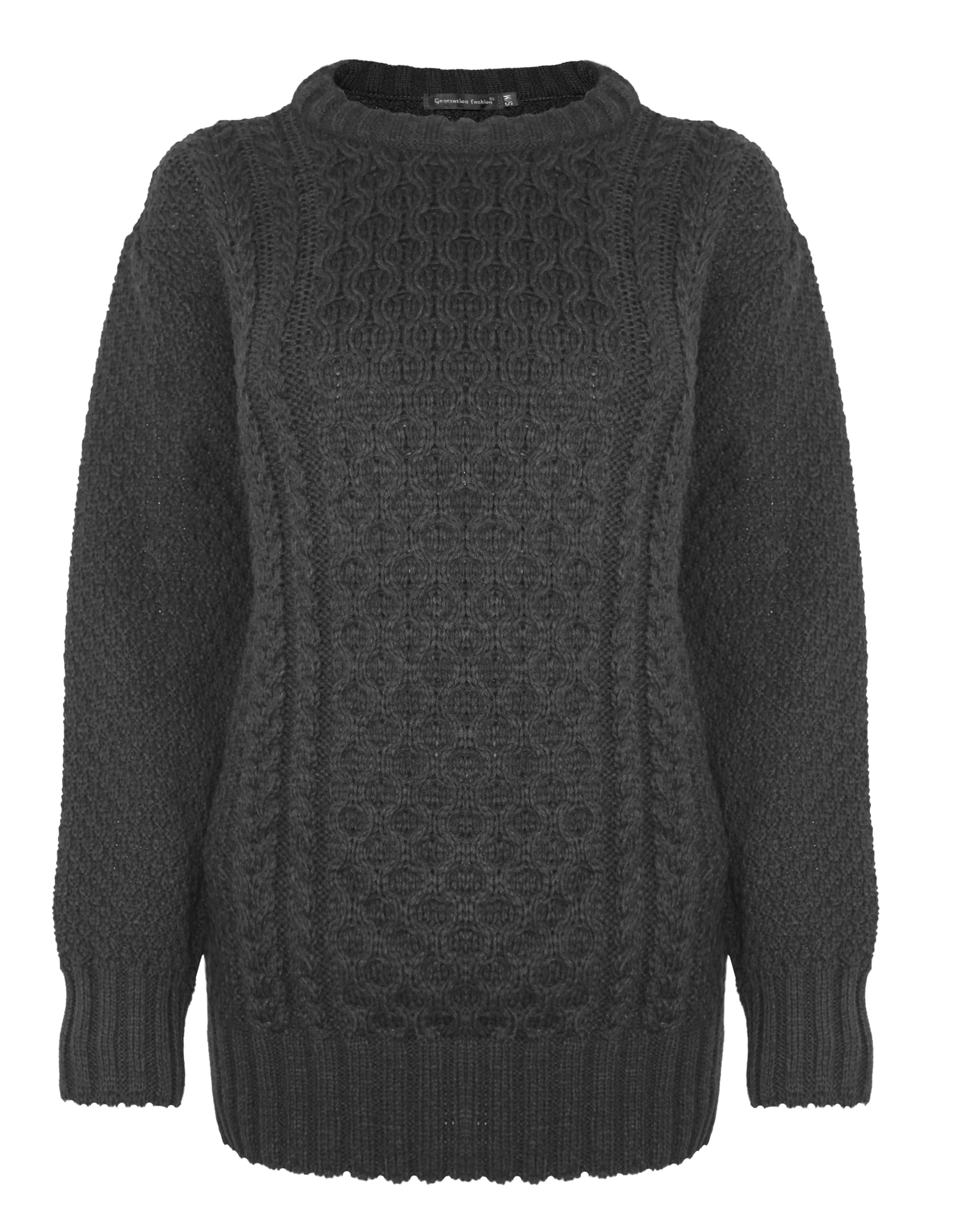 Generation Fashion New Ladies Women Aran Knit Long Sleeve Crew Neck Knitted Cable Jumper Sweater Pullover Top 8-30 (Black,28-30)