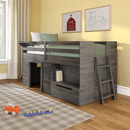 Max & Lily Loft Bed Twin Size, Solid Wood Low Loft Bed with Storage Drawer and Ladder, Modern Farmhouse Loft Bed for Kids, Driftwood