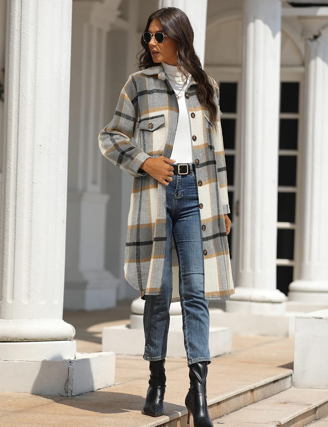 PUWEI Women's Casual Lapel Button Down Long Plaid Shirt Coat Tartan Shacket Jacket - Image 2