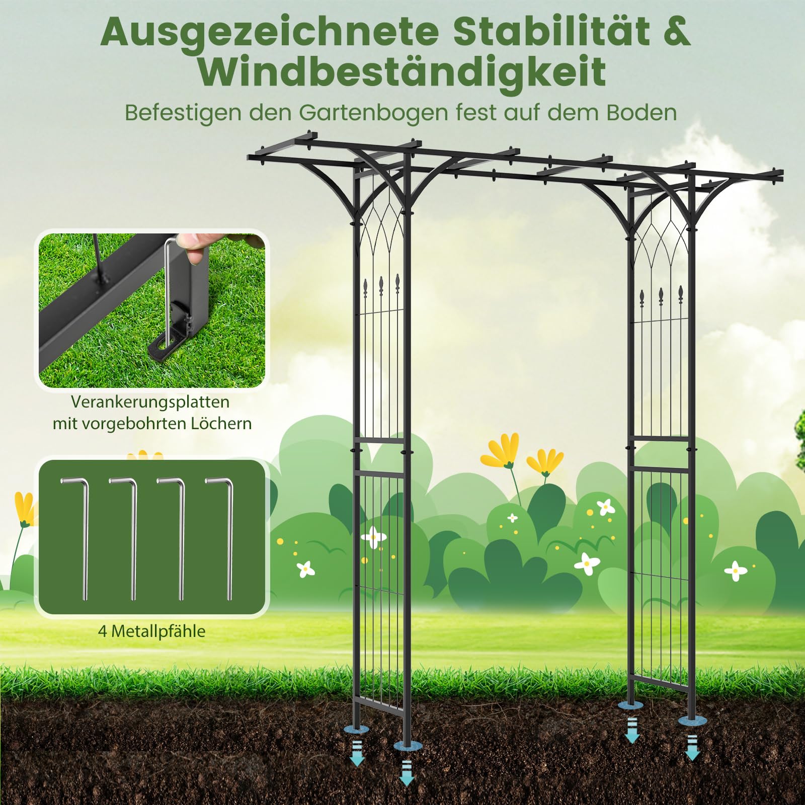COSTWAY Rosenbogen Metall, Gartenbogen für Kletterpflanzen, Torbogen Garten, Rosengitter Rankhilfe, Rankgitter Rosenspalier, Rankbogen für Hinterhof Veranda Hochzeit Partys, 200x52x206cm, Schwarz