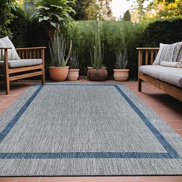 Luul Home Bordered Outdoor Rug 8x10 Washable Outside Carpet for Indoor Patio Porch Waterproof Easy Cleaning Non Shedding Area Rugs Silver Gray - Blue 8 x 10