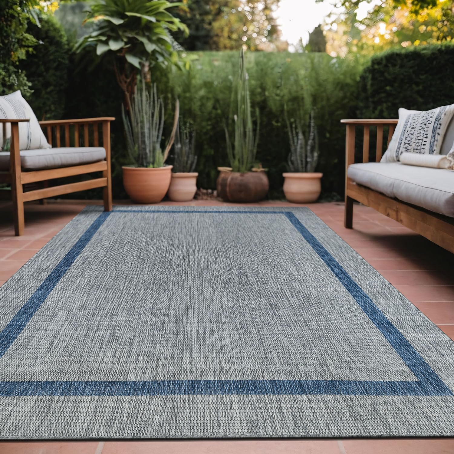 Luul Home Bordered Outdoor Rug 5x7 Washable Outside Carpet for Indoor Patio Porch Waterproof Easy Cleaning Non Shedding Area Rugs Silver Gray - Blue 5