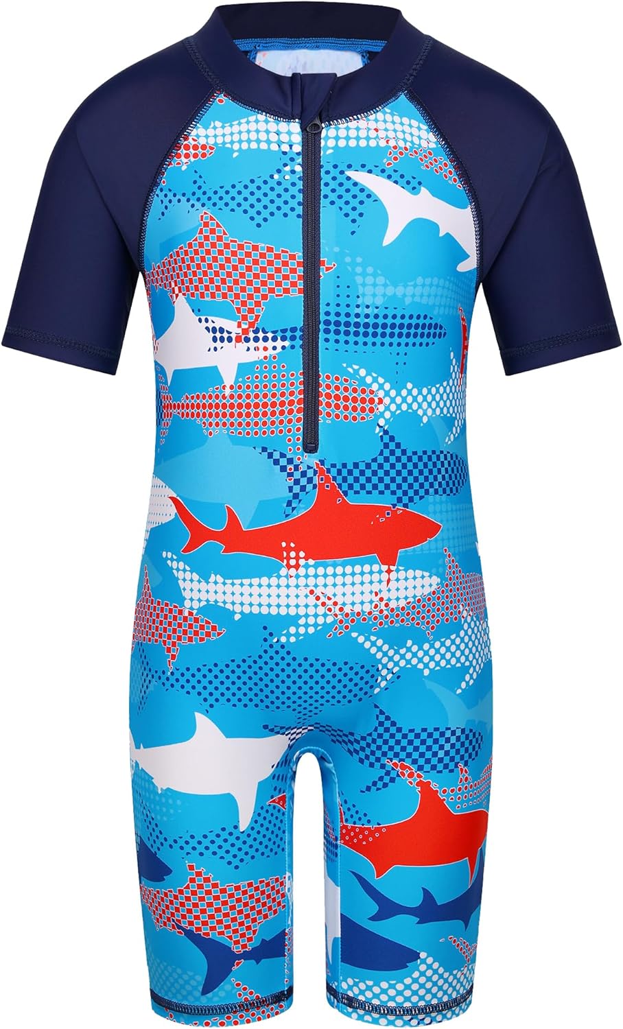 TFJH E One-Piece Boys Short Sleeve Swimsuits Rash Guard Suits Swimwear 50+ UV Sun Protective Zip