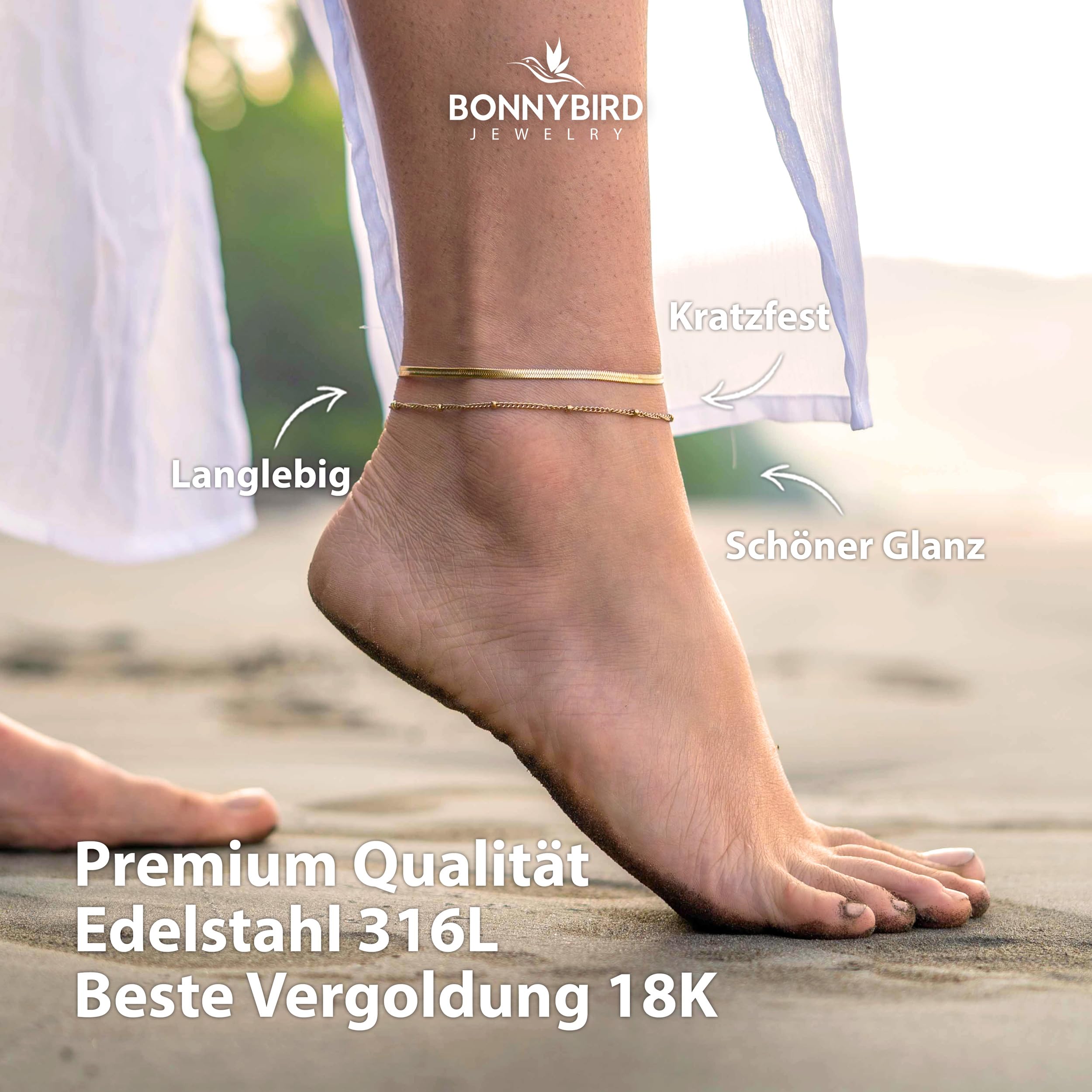 BONNYBIRD® Premium Edelstahl Fußkettchen für Damen in Silber, Gold & Roségold, 100% Wasserfest & Hautverträglich BonnyBeach