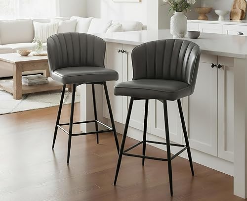 Miniatura 12 de EALSON - Juego de 2 taburetes de bar de altura de mostrador, sillas modernas de bar con respaldo, taburetes de bar tapizados en cuero con reposapiés