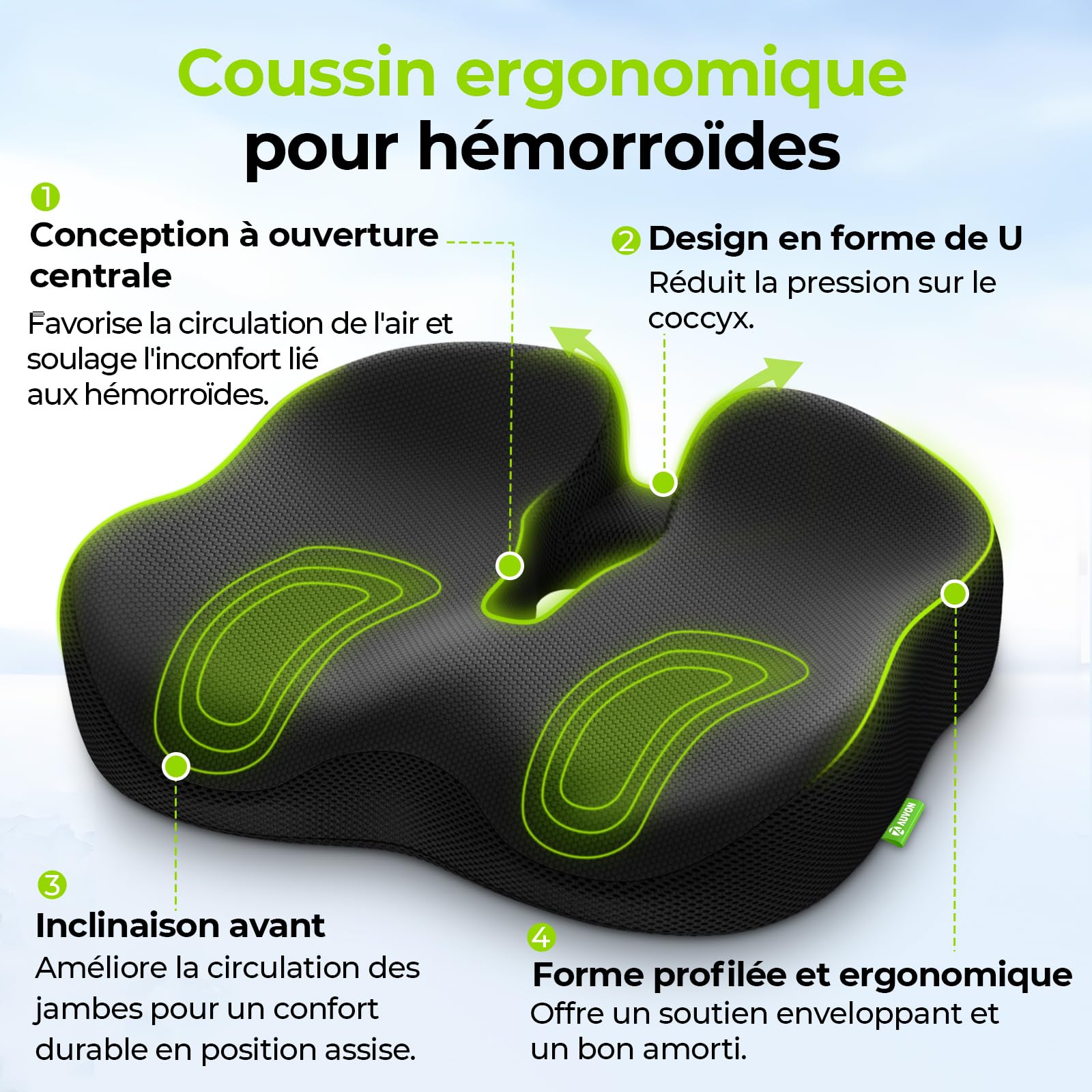 AUVON Coussin Coccyx Ergonomique en Forme Donut, Coussin Hemorrhoid pour Soulager la Douleur des Hémorroïdes et du Coccyx, Mousse à Mémoire de Forme Épaisse avec Soutien Ferme pour Sciatique, Escarres