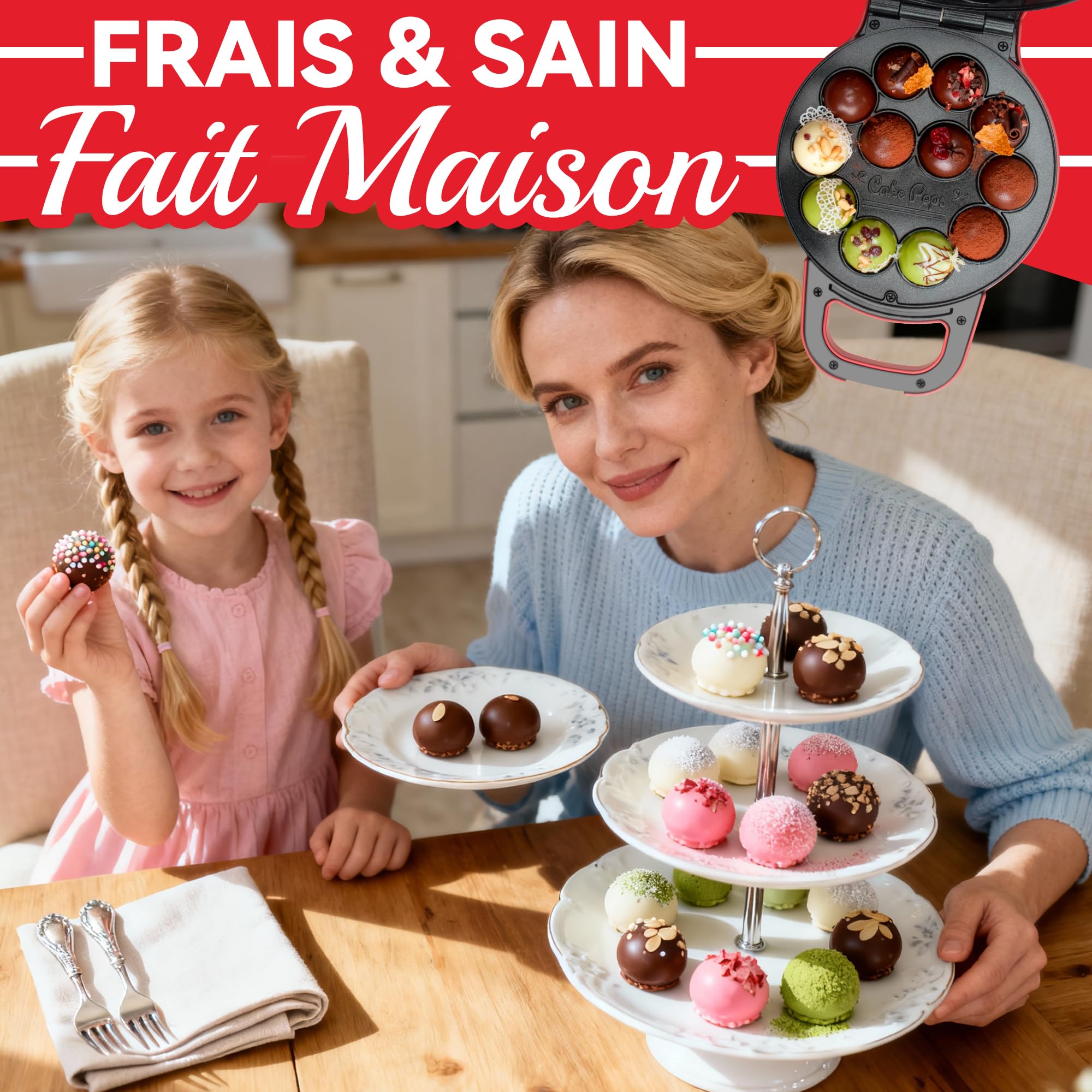 SugarWhisk Machine à Cake Pops Flip - Faites 12 cake pops d'un diamètre de 1,4 cm, avec revêtement en céramique, recette et pinceau compris dans la livraison, rouge